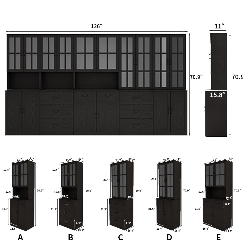 VOWNER 5-Tier Black Glass Door Bookcase