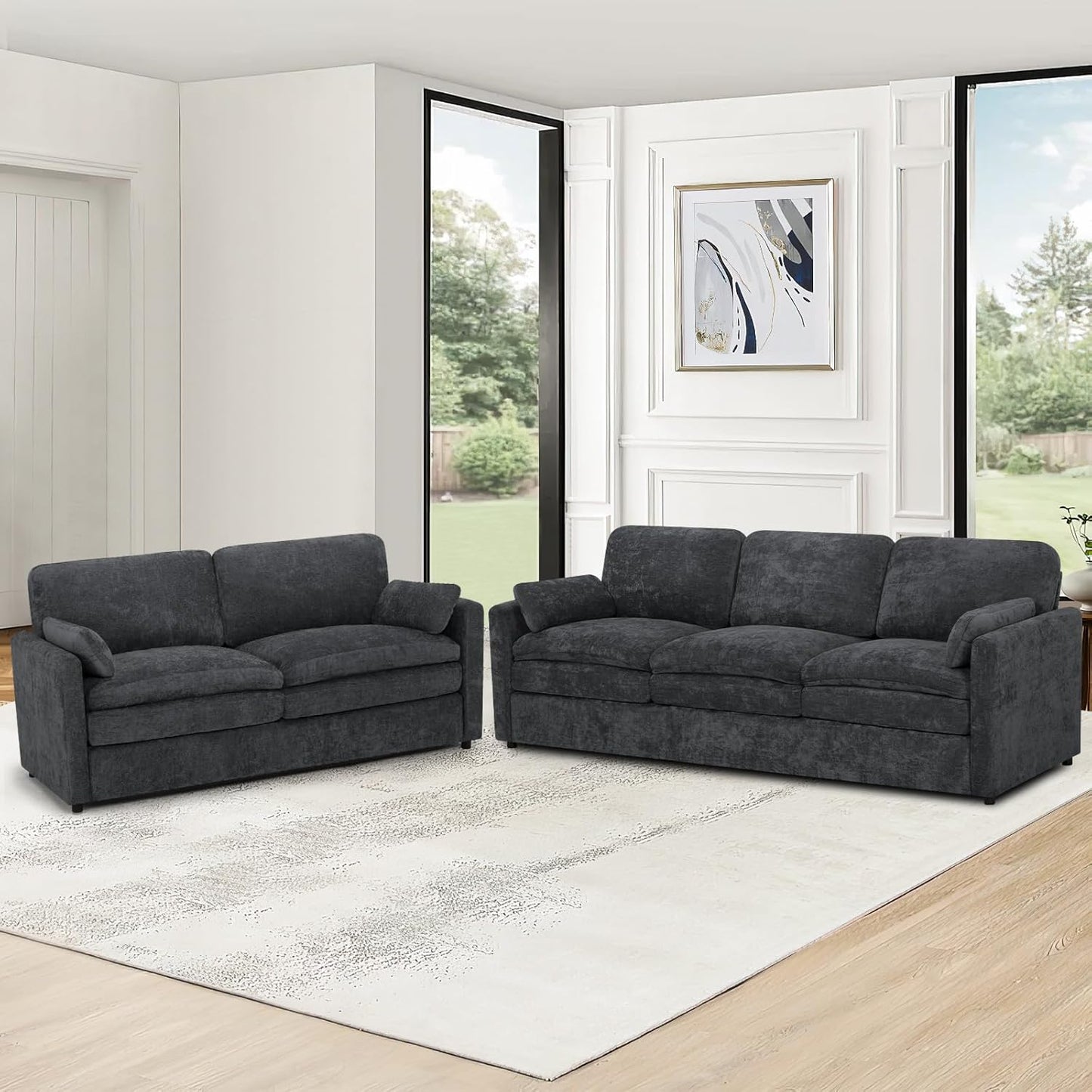 2-Piece Grey Chenille Sofa Set with Pillows