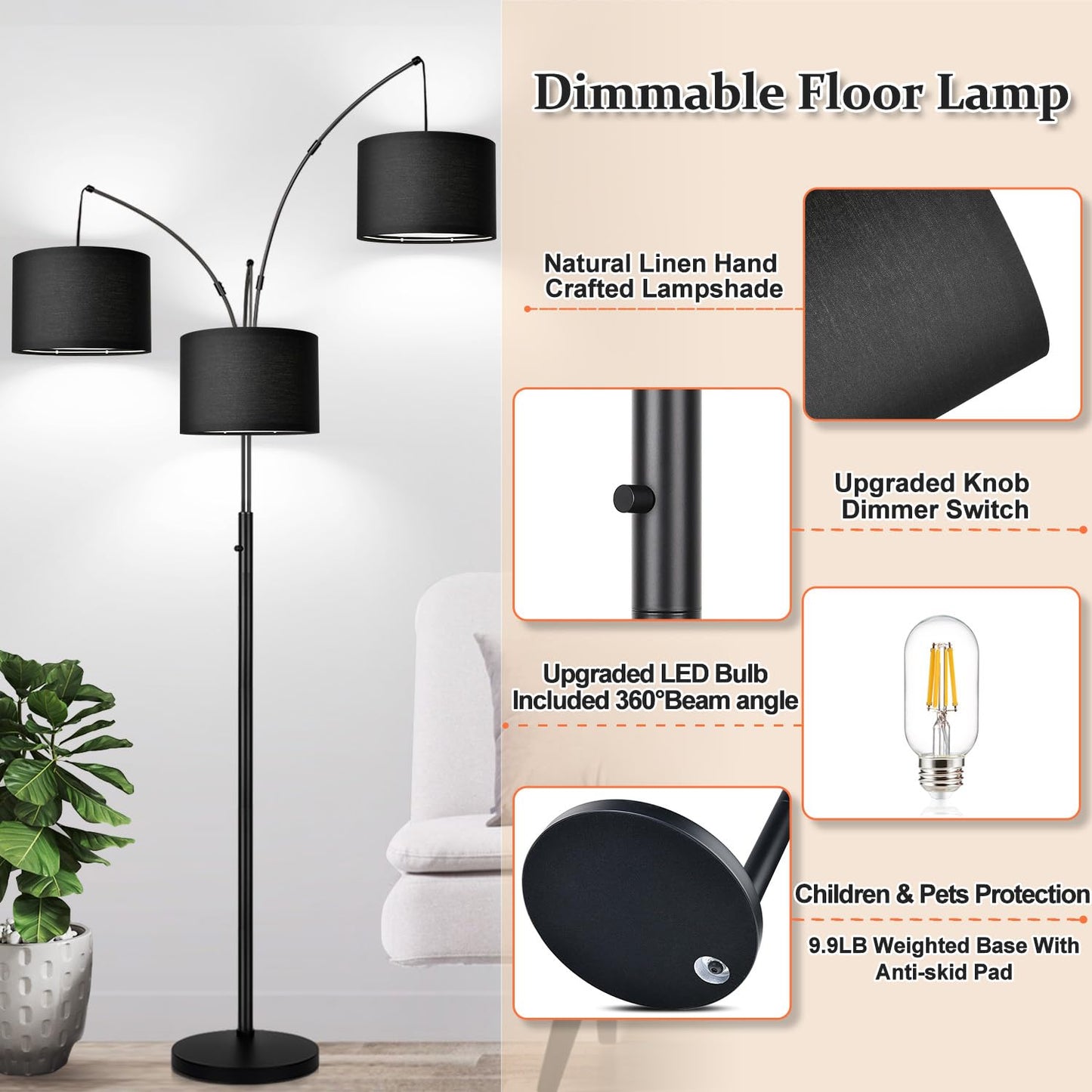 Dimmable 3-Light Arc Floor Lamp