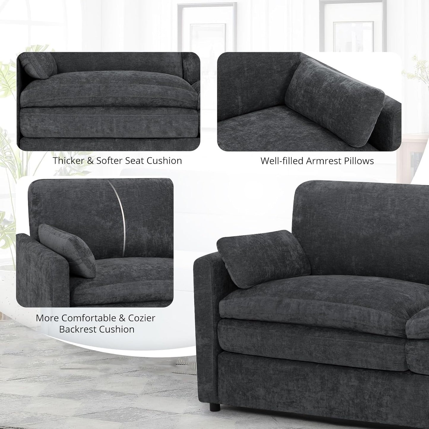 2-Piece Grey Chenille Sofa Set with Pillows