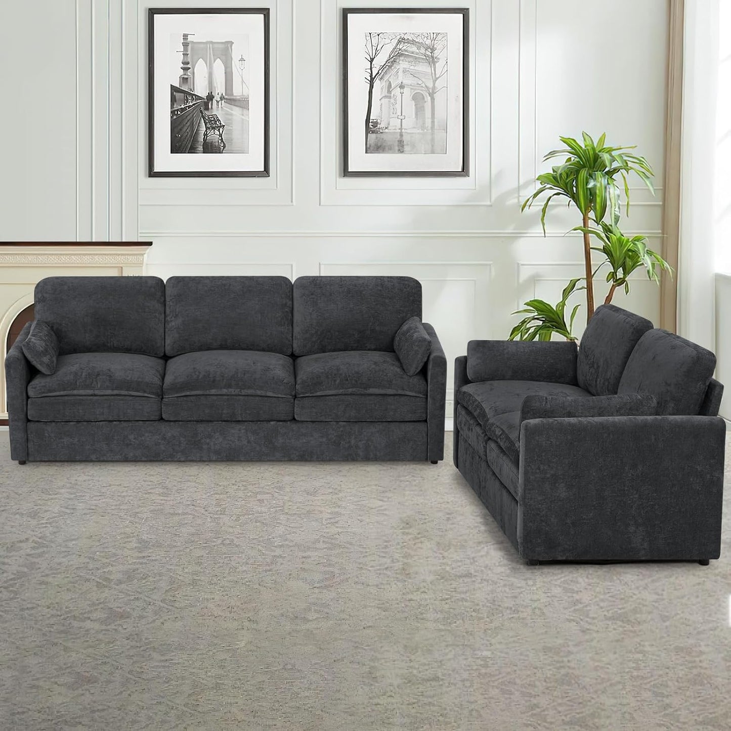 2-Piece Grey Chenille Sofa Set with Pillows