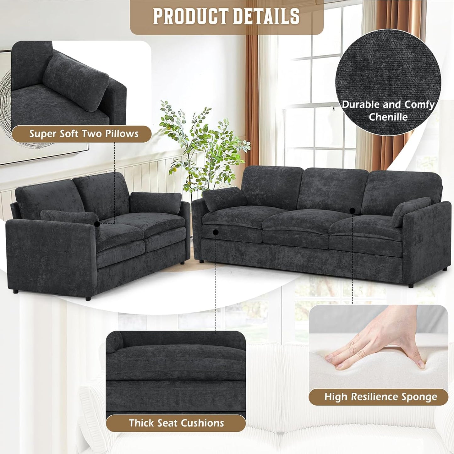 2-Piece Grey Chenille Sofa Set with Pillows