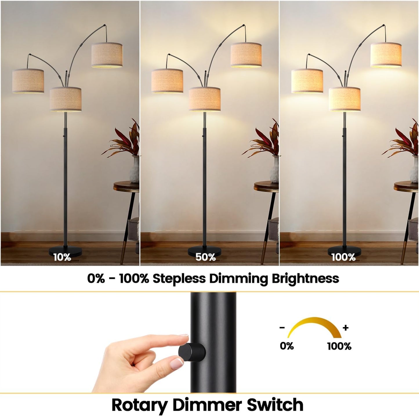 Dimmable 3-Light Arc Floor Lamp