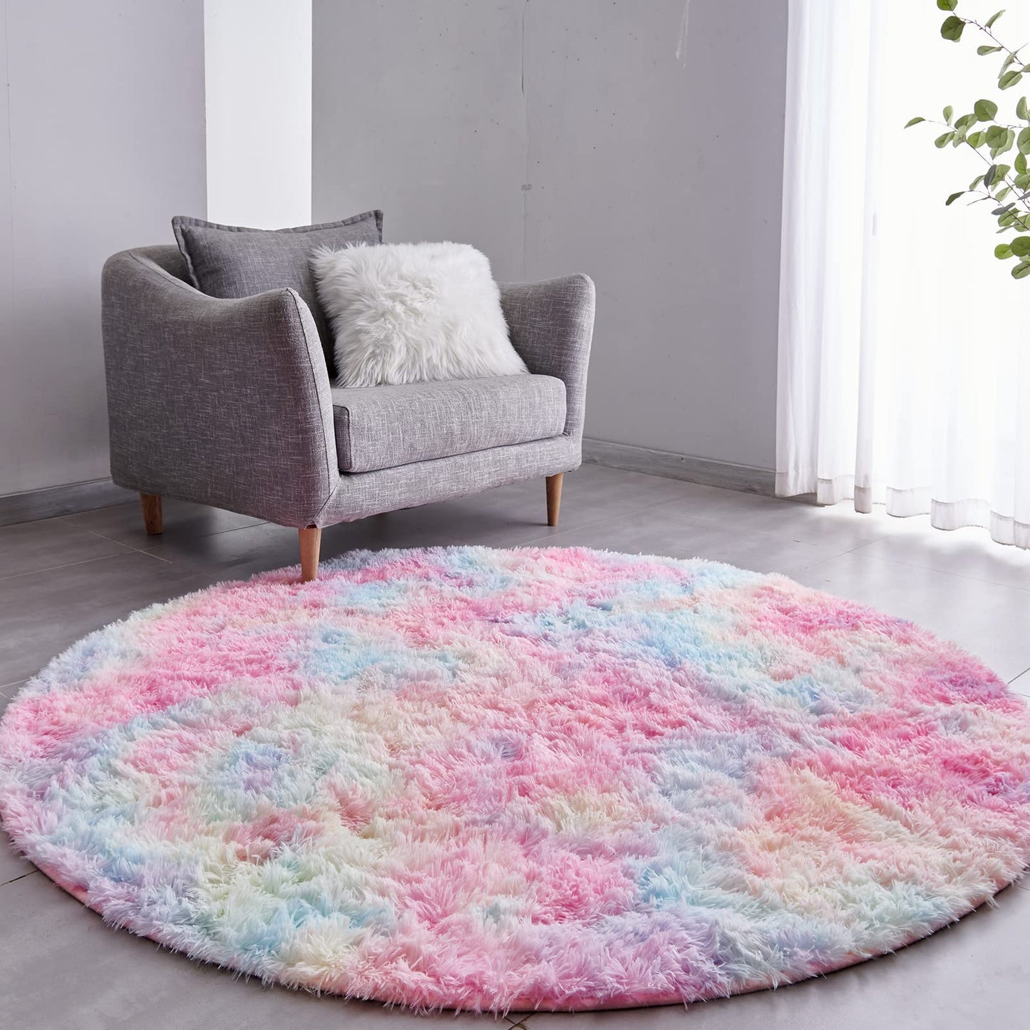 FJZFING 4x4 Light Grey Round Shag Rug