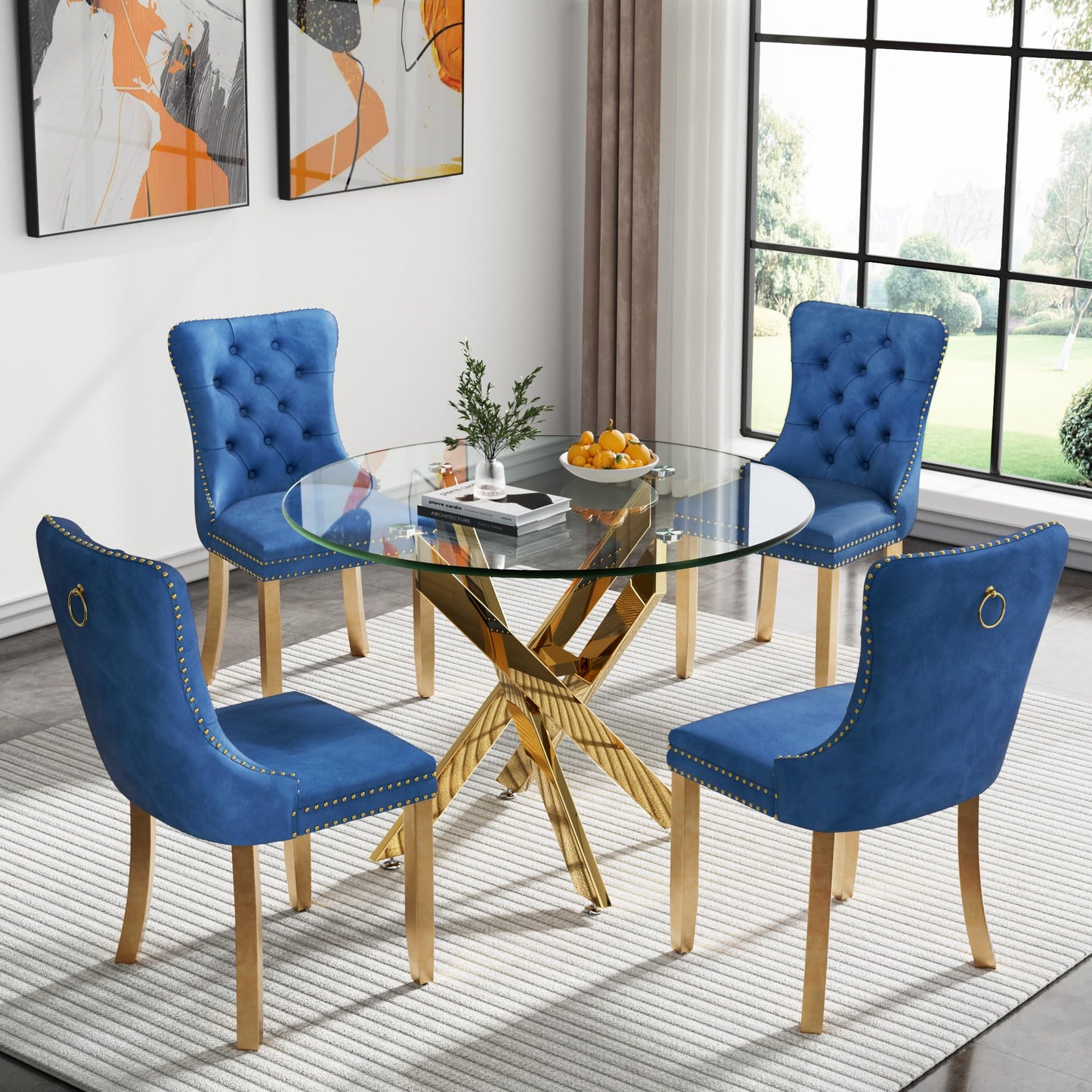 36" Modern Silver Glass Dining Room Table Set for 4, 5-Piece Square Kitchen Dining Table Set with Cross Metal Legs and 4 Black Velvet Upholstered Chairs, Glass Kitchen Table and Chairs Set