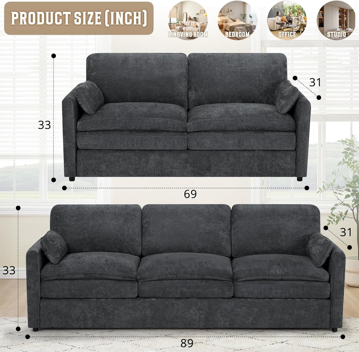 2-Piece Grey Chenille Sofa Set with Pillows