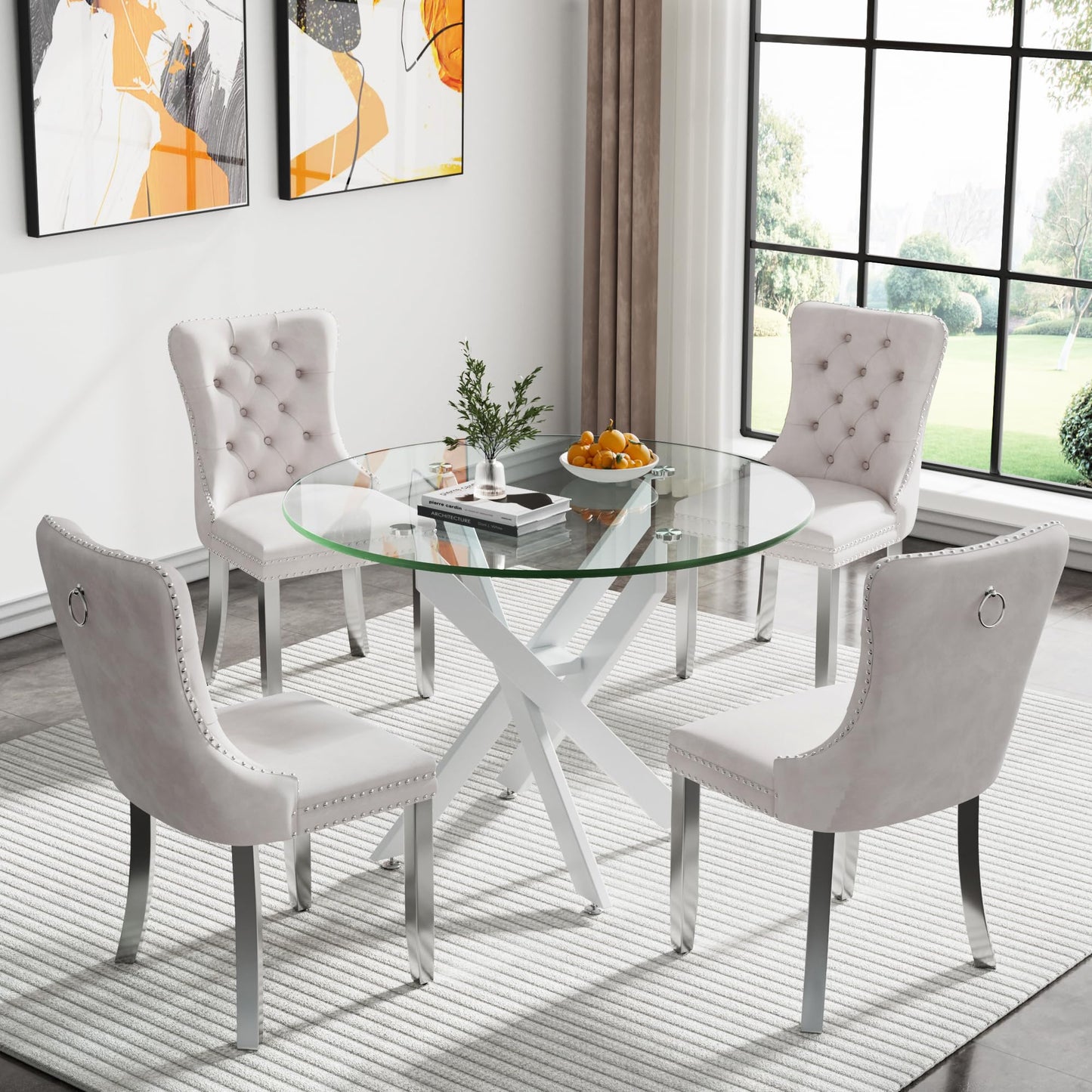 36" Modern Silver Glass Dining Room Table Set for 4, 5-Piece Square Kitchen Dining Table Set with Cross Metal Legs and 4 Black Velvet Upholstered Chairs, Glass Kitchen Table and Chairs Set