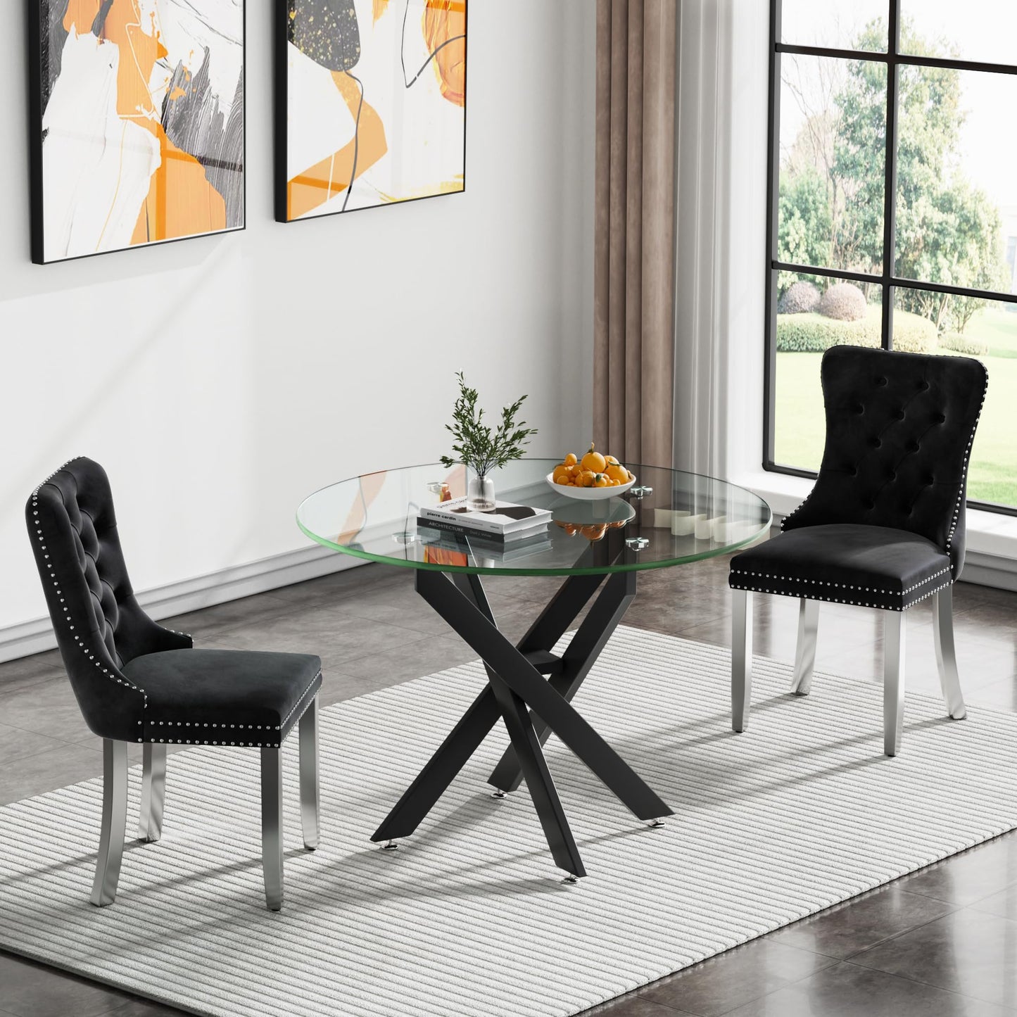 36" Modern Silver Glass Dining Room Table Set for 4, 5-Piece Square Kitchen Dining Table Set with Cross Metal Legs and 4 Black Velvet Upholstered Chairs, Glass Kitchen Table and Chairs Set