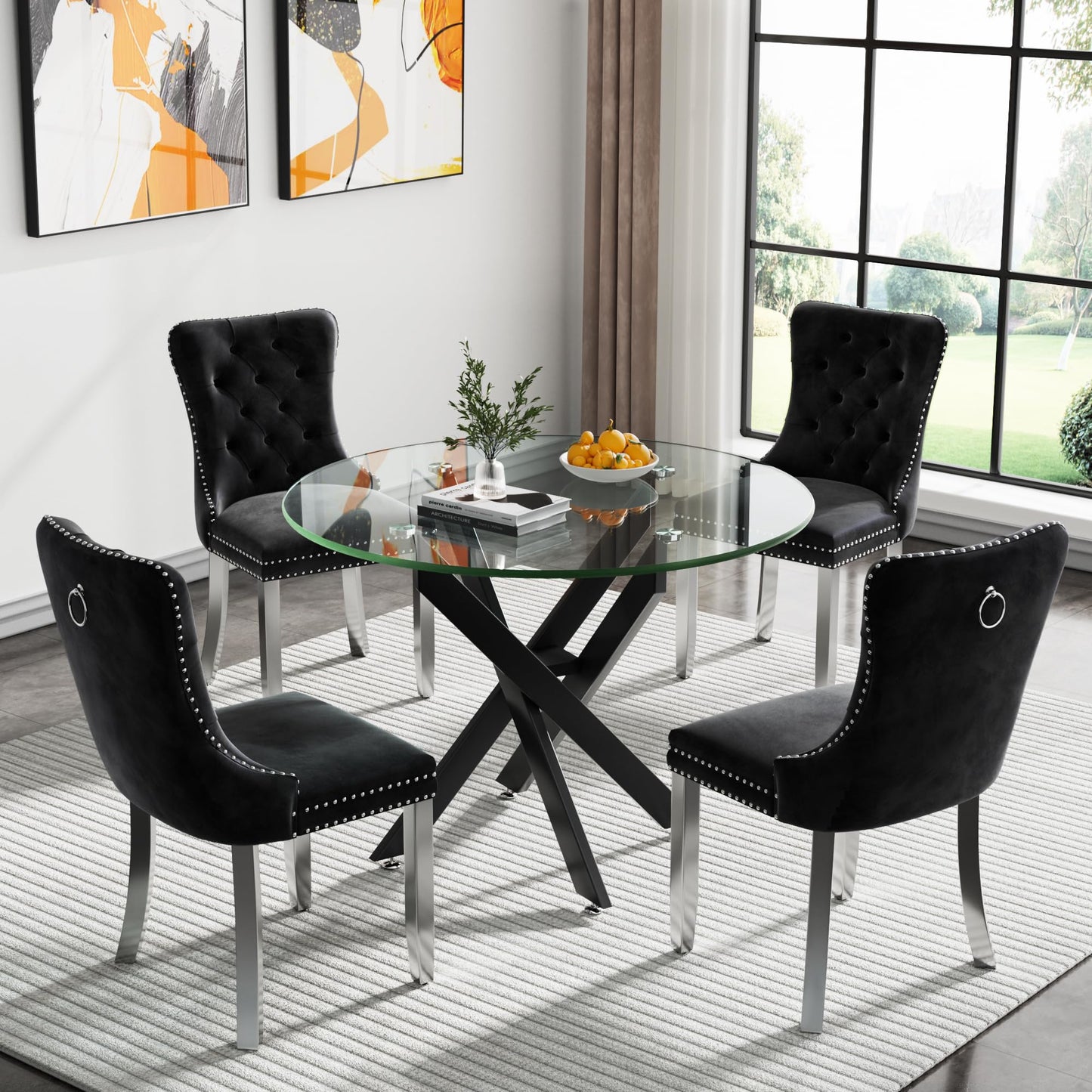 36" Modern Silver Glass Dining Room Table Set for 4, 5-Piece Square Kitchen Dining Table Set with Cross Metal Legs and 4 Black Velvet Upholstered Chairs, Glass Kitchen Table and Chairs Set