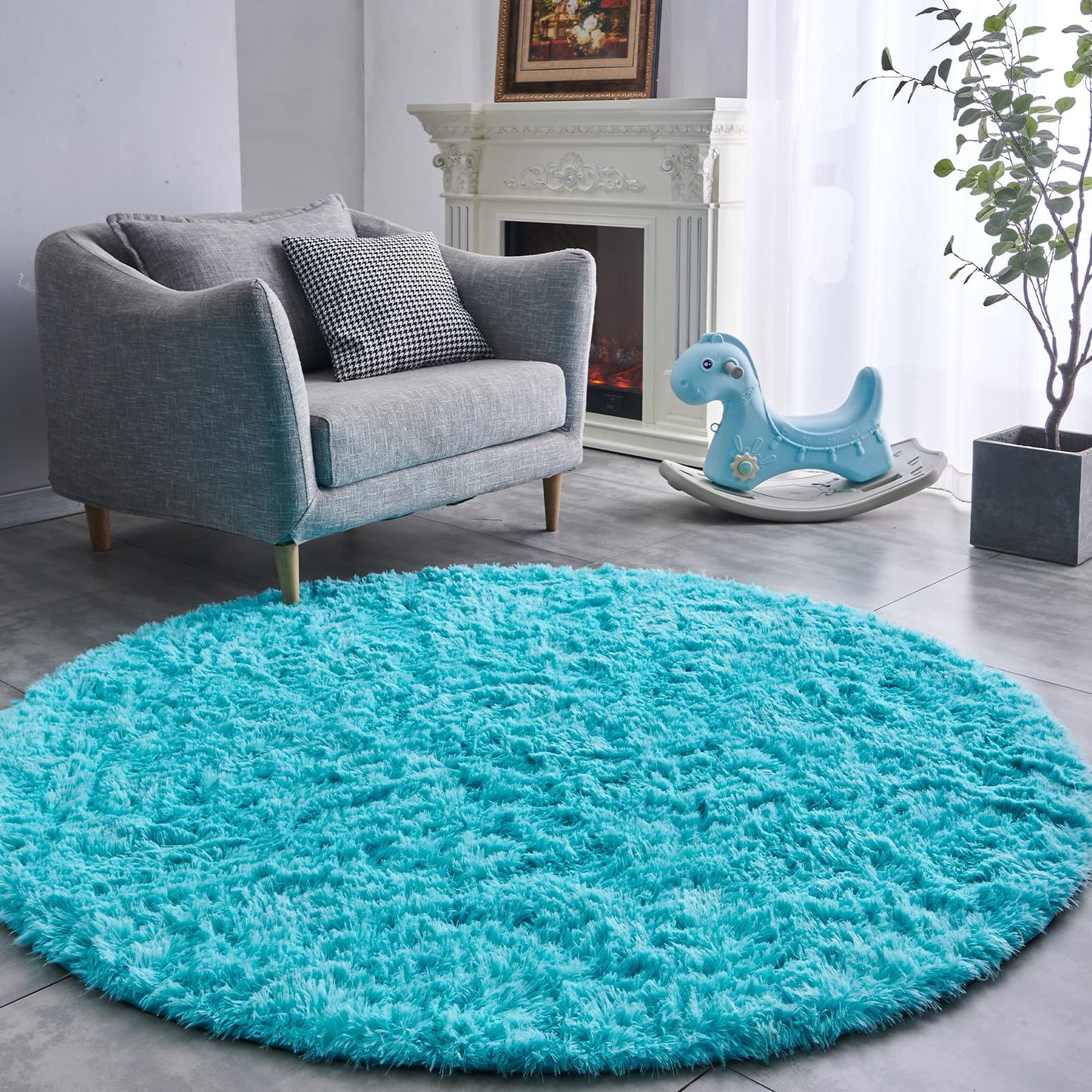 FJZFING 4x4 Light Grey Round Shag Rug