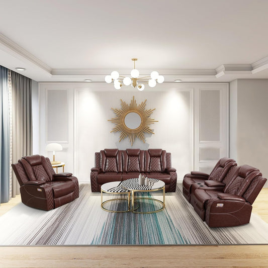 3-Piece Brown Leather Recliner Sofa Set