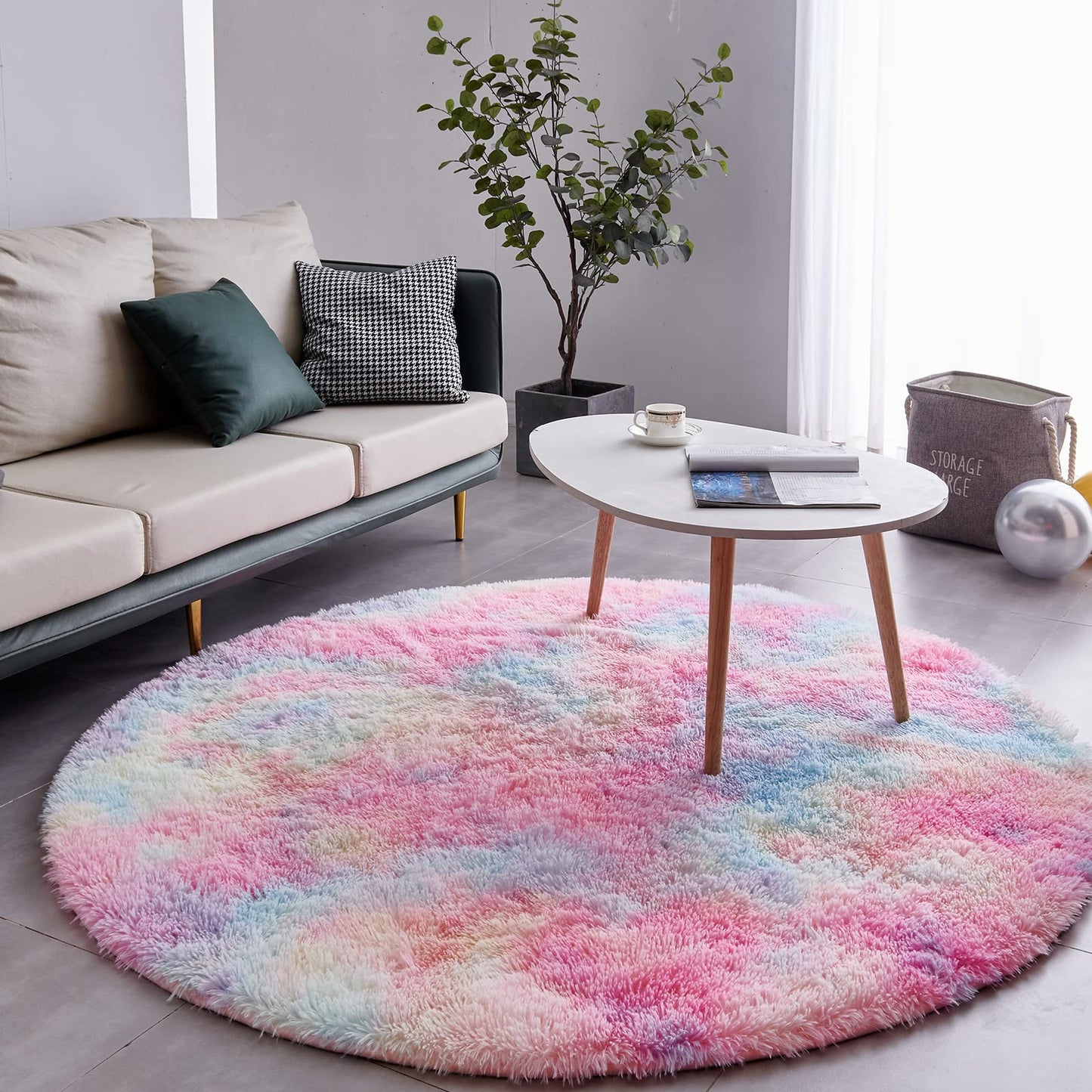 FJZFING 4x4 Light Grey Round Shag Rug