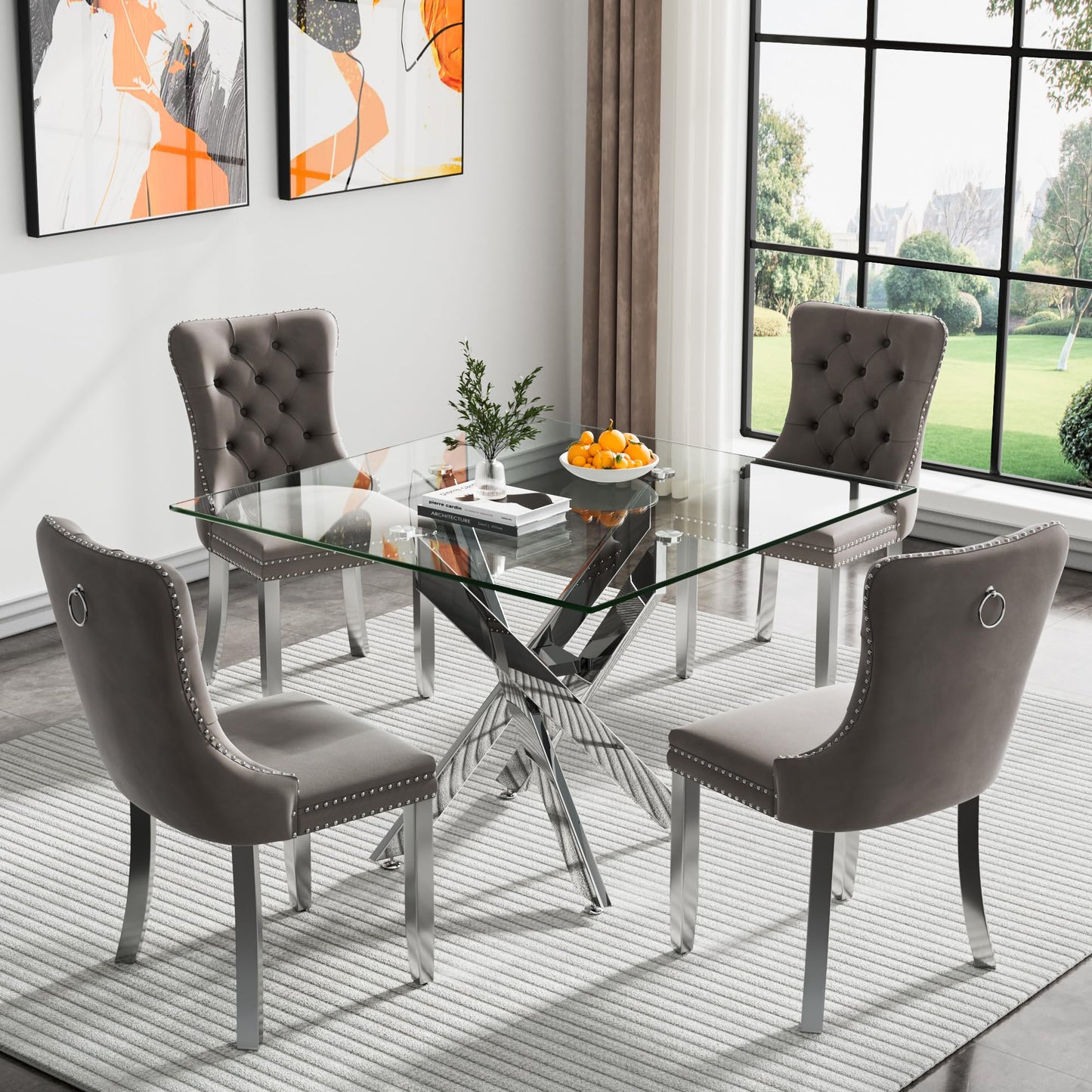 36" Modern Silver Glass Dining Room Table Set for 4, 5-Piece Square Kitchen Dining Table Set with Cross Metal Legs and 4 Black Velvet Upholstered Chairs, Glass Kitchen Table and Chairs Set