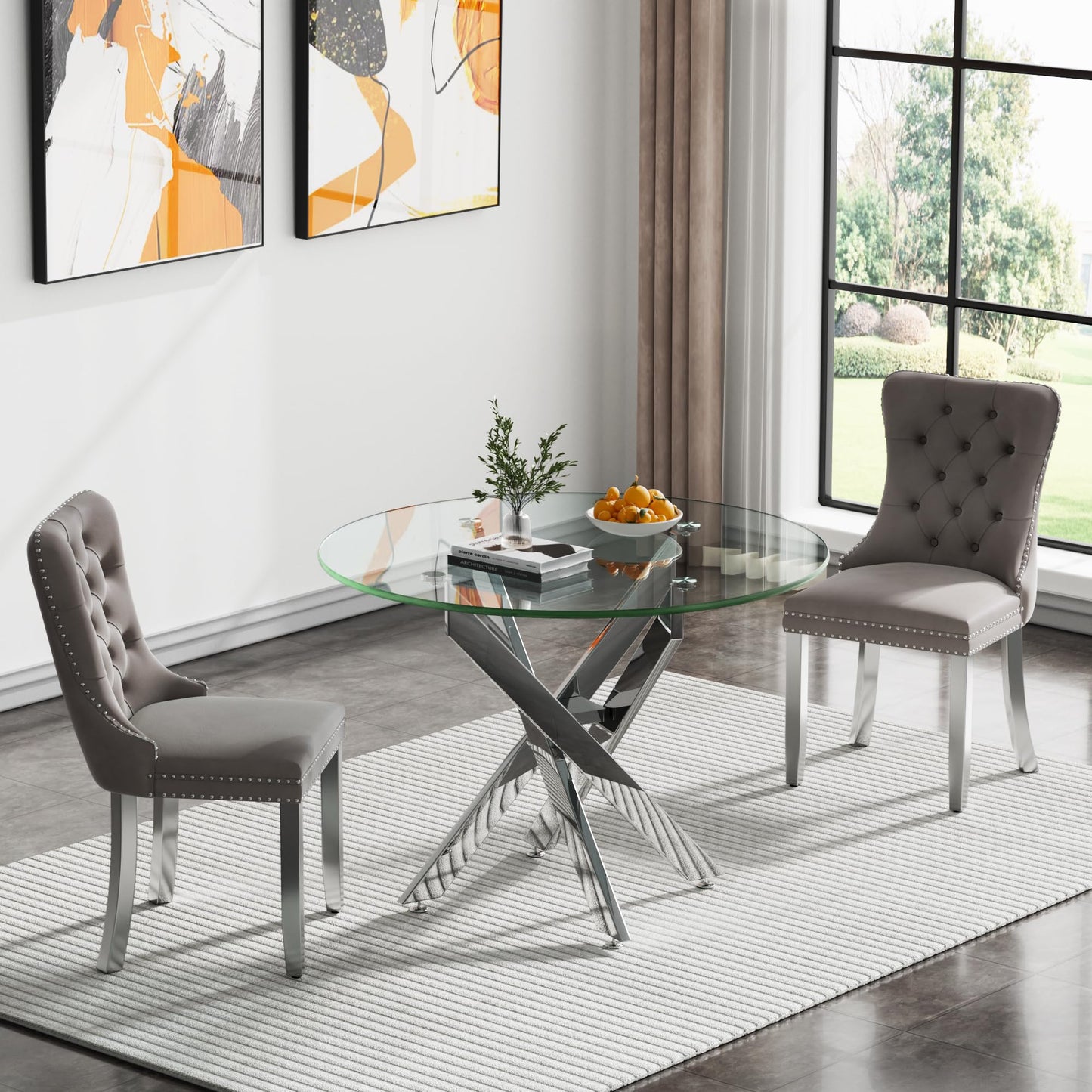 36" Modern Silver Glass Dining Room Table Set for 4, 5-Piece Square Kitchen Dining Table Set with Cross Metal Legs and 4 Black Velvet Upholstered Chairs, Glass Kitchen Table and Chairs Set