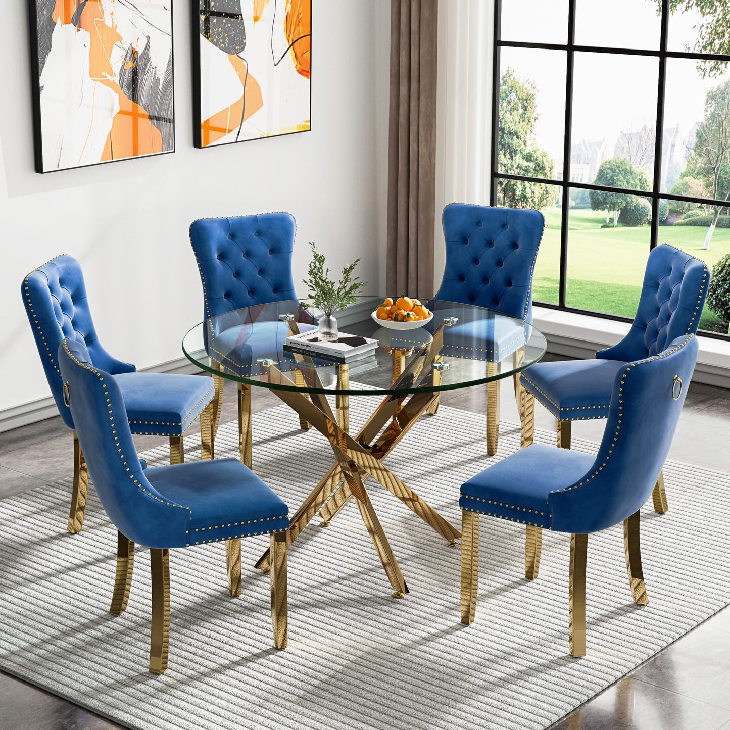 36" Modern Silver Glass Dining Room Table Set for 4, 5-Piece Square Kitchen Dining Table Set with Cross Metal Legs and 4 Black Velvet Upholstered Chairs, Glass Kitchen Table and Chairs Set