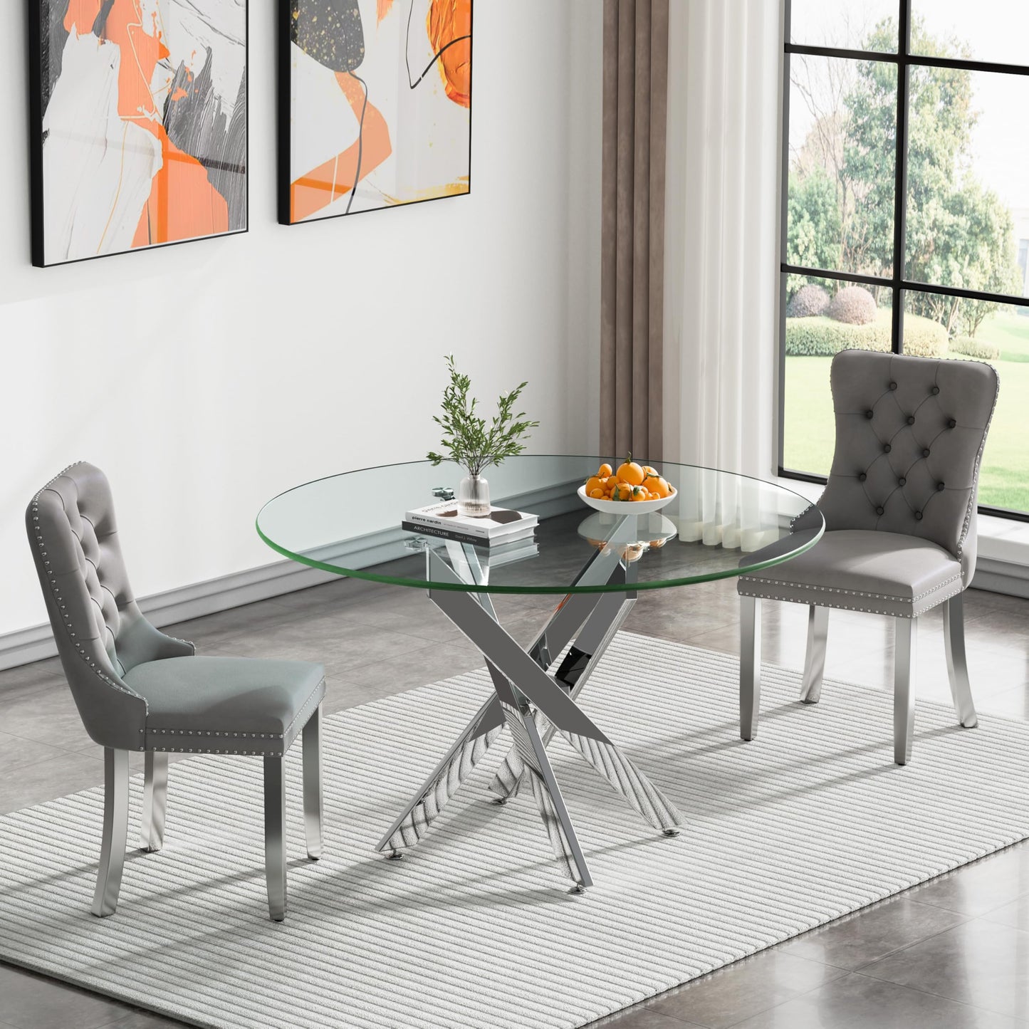 36" Modern Silver Glass Dining Room Table Set for 4, 5-Piece Square Kitchen Dining Table Set with Cross Metal Legs and 4 Black Velvet Upholstered Chairs, Glass Kitchen Table and Chairs Set