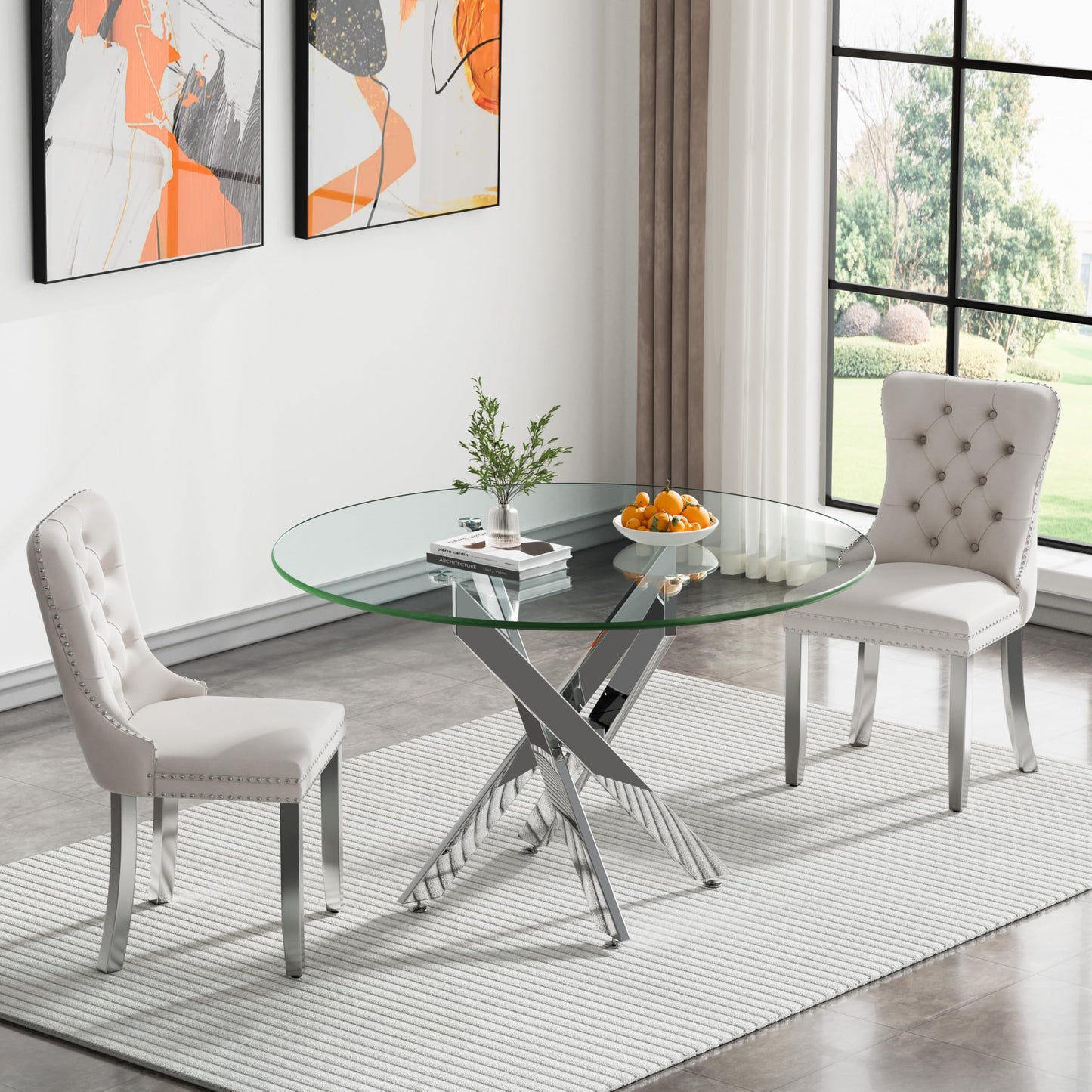 36" Modern Silver Glass Dining Room Table Set for 4, 5-Piece Square Kitchen Dining Table Set with Cross Metal Legs and 4 Black Velvet Upholstered Chairs, Glass Kitchen Table and Chairs Set