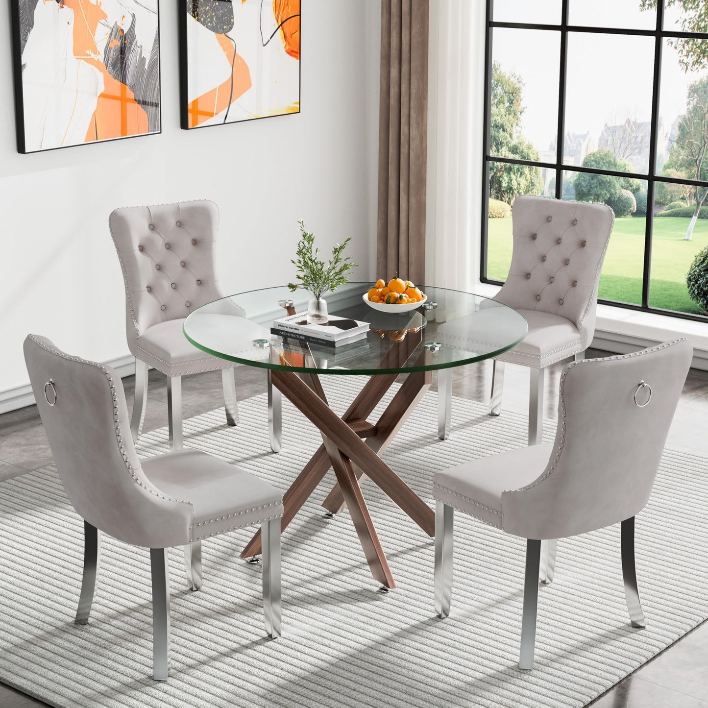36" Modern Silver Glass Dining Room Table Set for 4, 5-Piece Square Kitchen Dining Table Set with Cross Metal Legs and 4 Black Velvet Upholstered Chairs, Glass Kitchen Table and Chairs Set