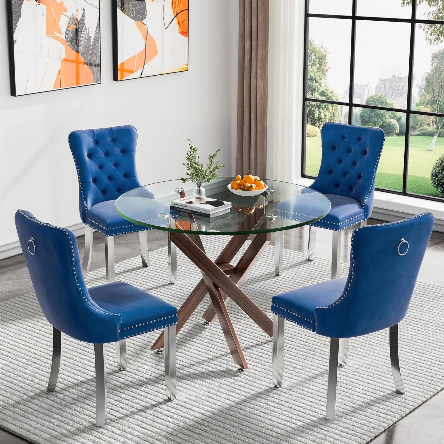 36" Modern Silver Glass Dining Room Table Set for 4, 5-Piece Square Kitchen Dining Table Set with Cross Metal Legs and 4 Black Velvet Upholstered Chairs, Glass Kitchen Table and Chairs Set
