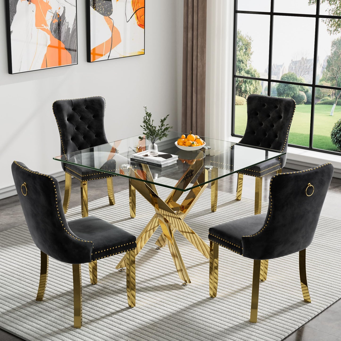 36" Modern Silver Glass Dining Room Table Set for 4, 5-Piece Square Kitchen Dining Table Set with Cross Metal Legs and 4 Black Velvet Upholstered Chairs, Glass Kitchen Table and Chairs Set