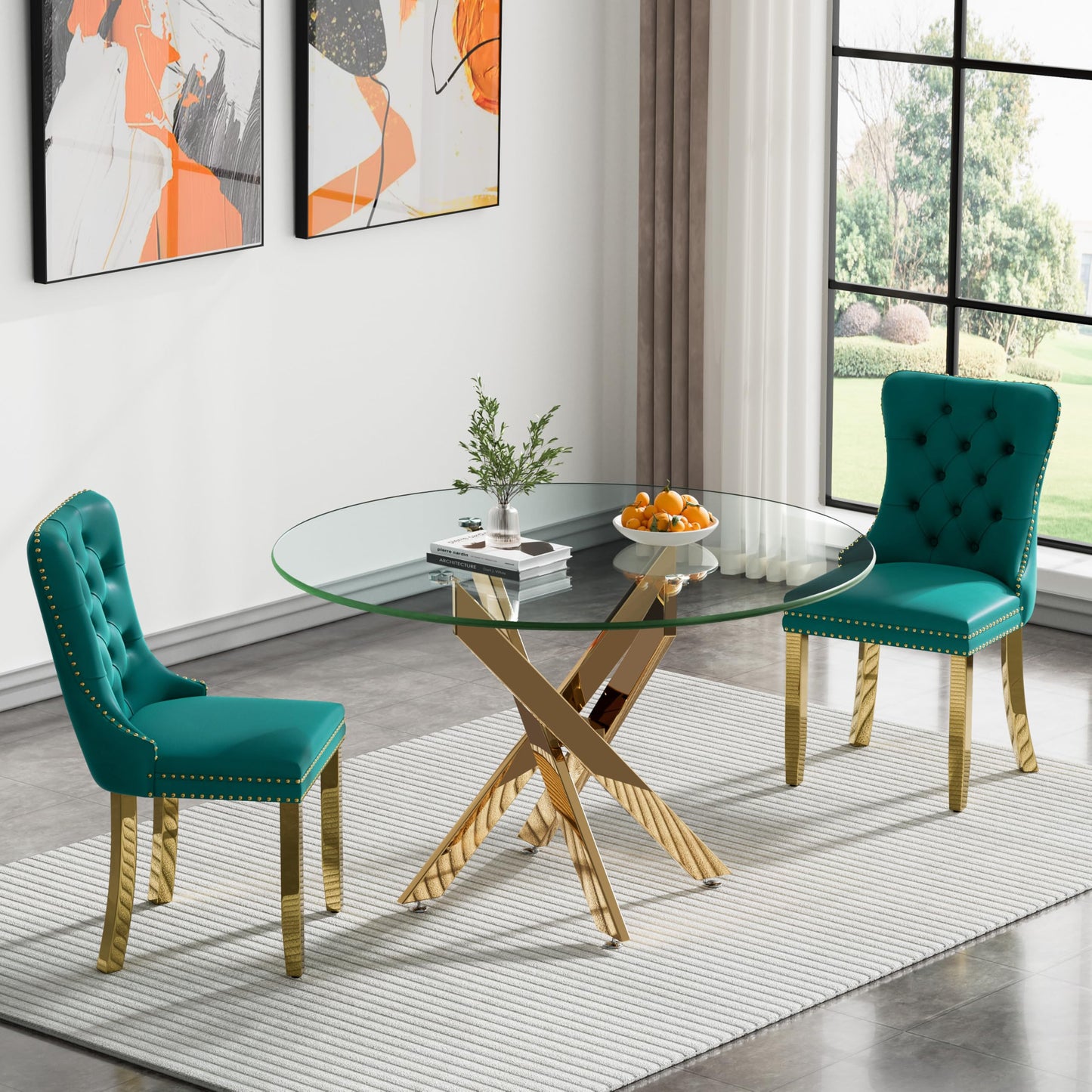36" Modern Silver Glass Dining Room Table Set for 4, 5-Piece Square Kitchen Dining Table Set with Cross Metal Legs and 4 Black Velvet Upholstered Chairs, Glass Kitchen Table and Chairs Set