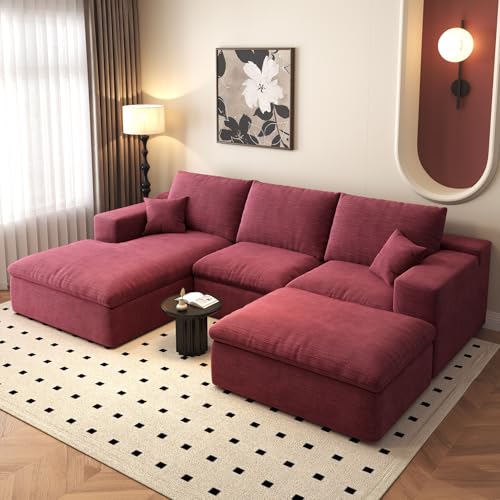 107'' L Shaped Modern Couches Modular Sectional Cloud Couch,3-Seat Chenille Deep Seat Sofa with Pillow for Living Room, Bedroom and Apartment,Camel