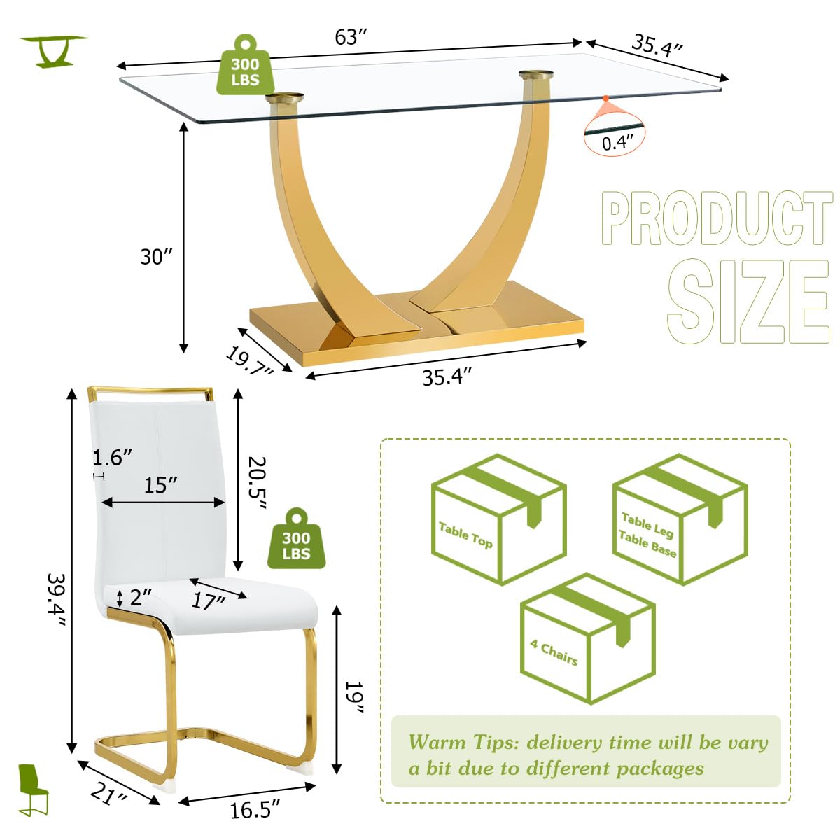 63" Glass Dining Table Set for 4