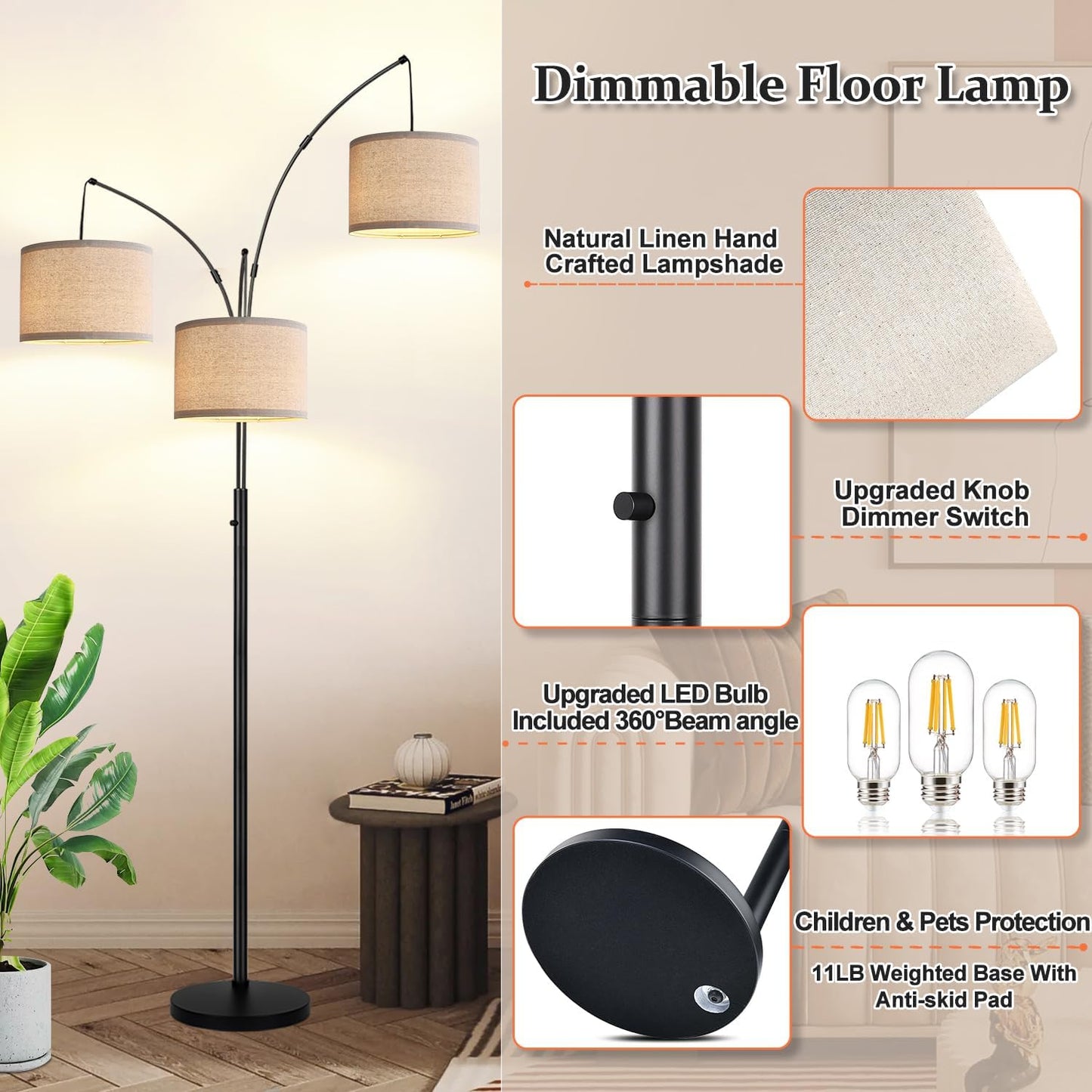 Dimmable 3-Light Arc Floor Lamp