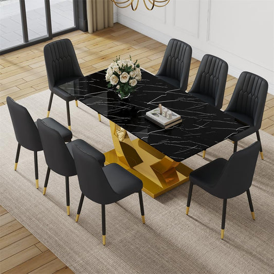 Dining Table Set for 8, 71'' Black and Gold Dining Room Table & 8 PU Chairs, Modern Faux Marble Kitchen Table Tempered Glass Top with U-Shaped Leg and Stainless Steel Gold Base