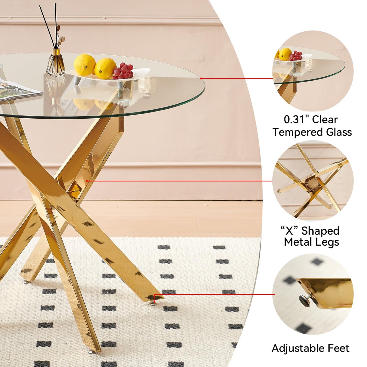 36" Modern Silver Glass Dining Room Table Set for 4, 5-Piece Square Kitchen Dining Table Set with Cross Metal Legs and 4 Black Velvet Upholstered Chairs, Glass Kitchen Table and Chairs Set