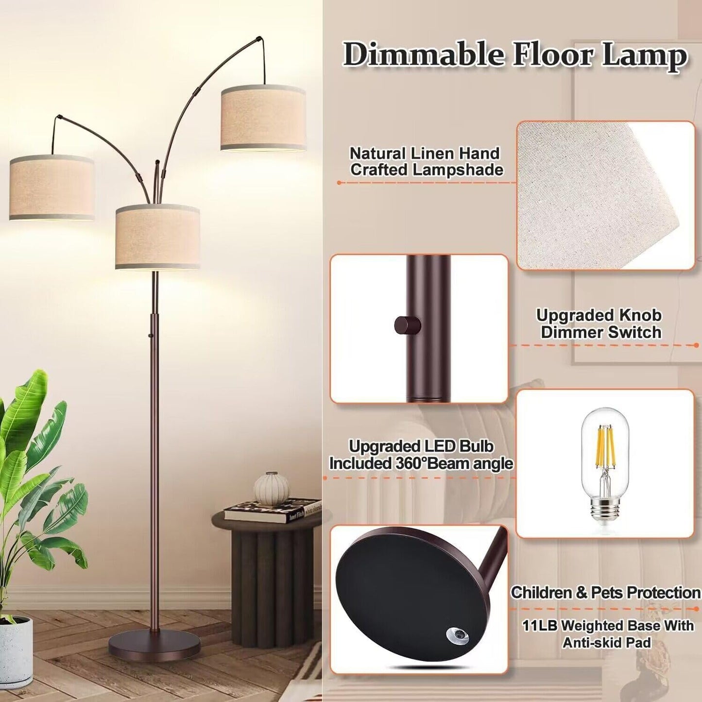 Dimmable 3-Light Arc Floor Lamp