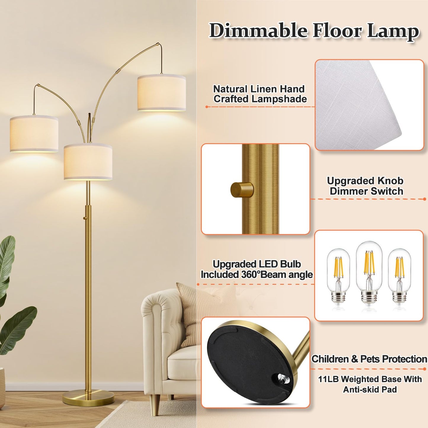 Dimmable 3-Light Arc Floor Lamp