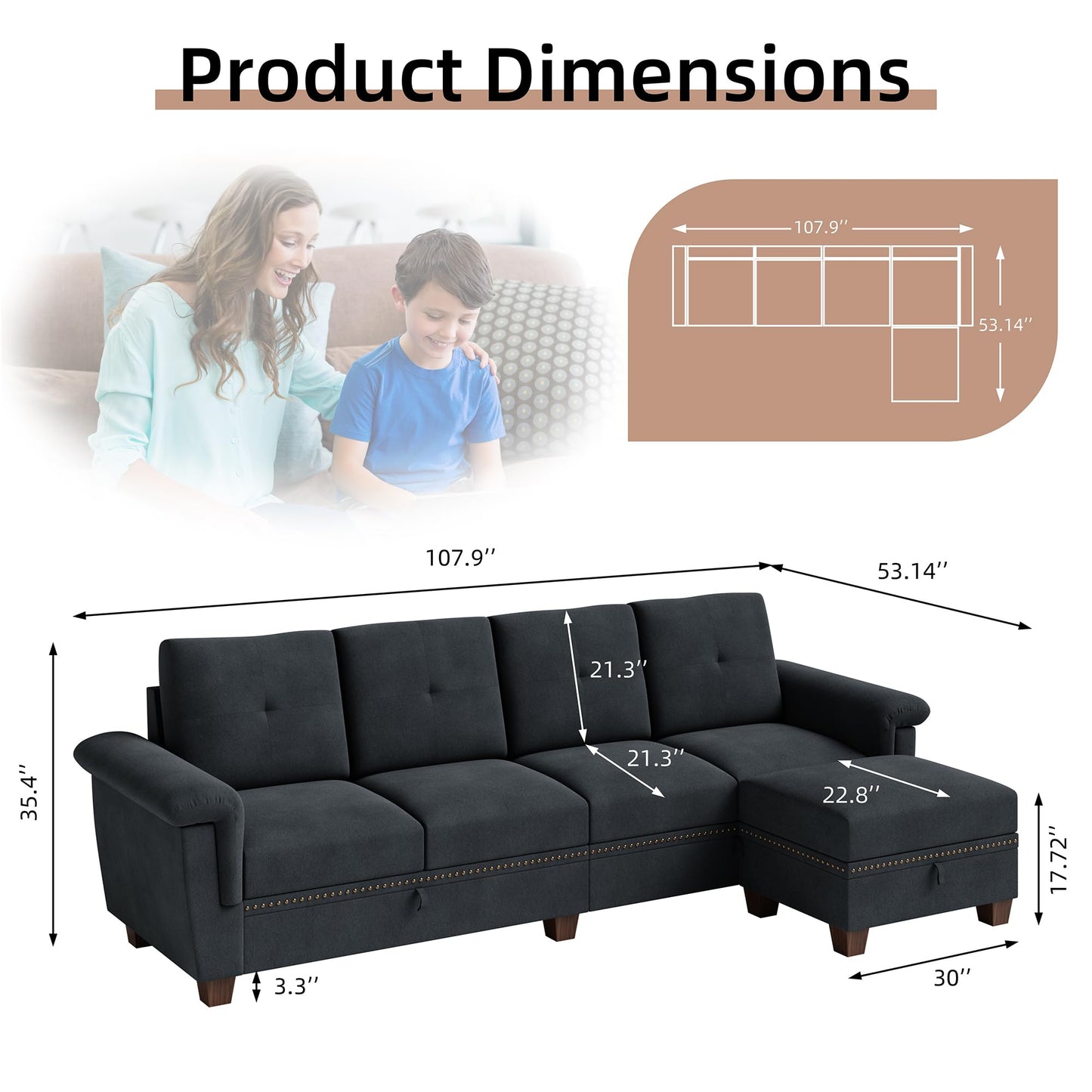 JAMFLY 4-Seat Sectional Sofa – Dark Gray