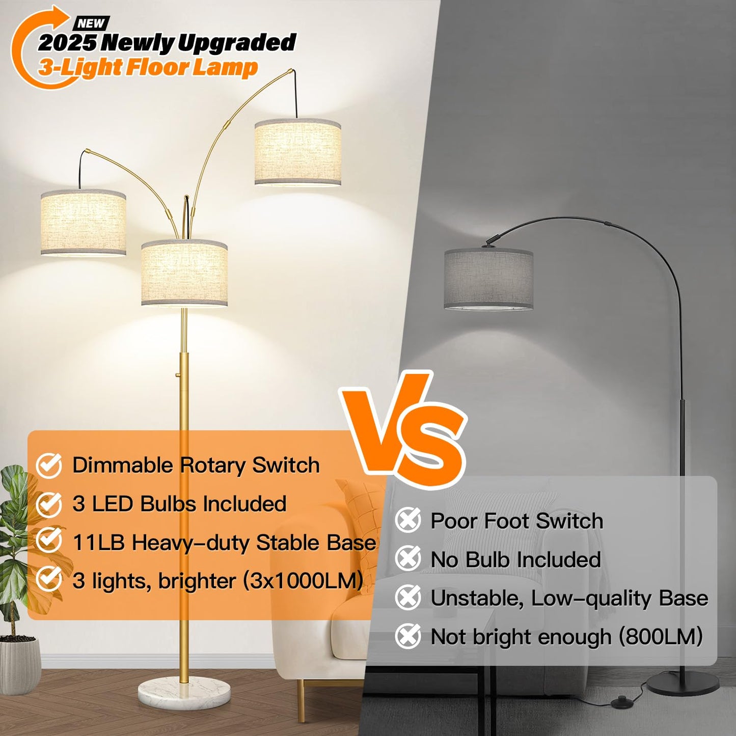 Dimmable 3-Light Arc Floor Lamp