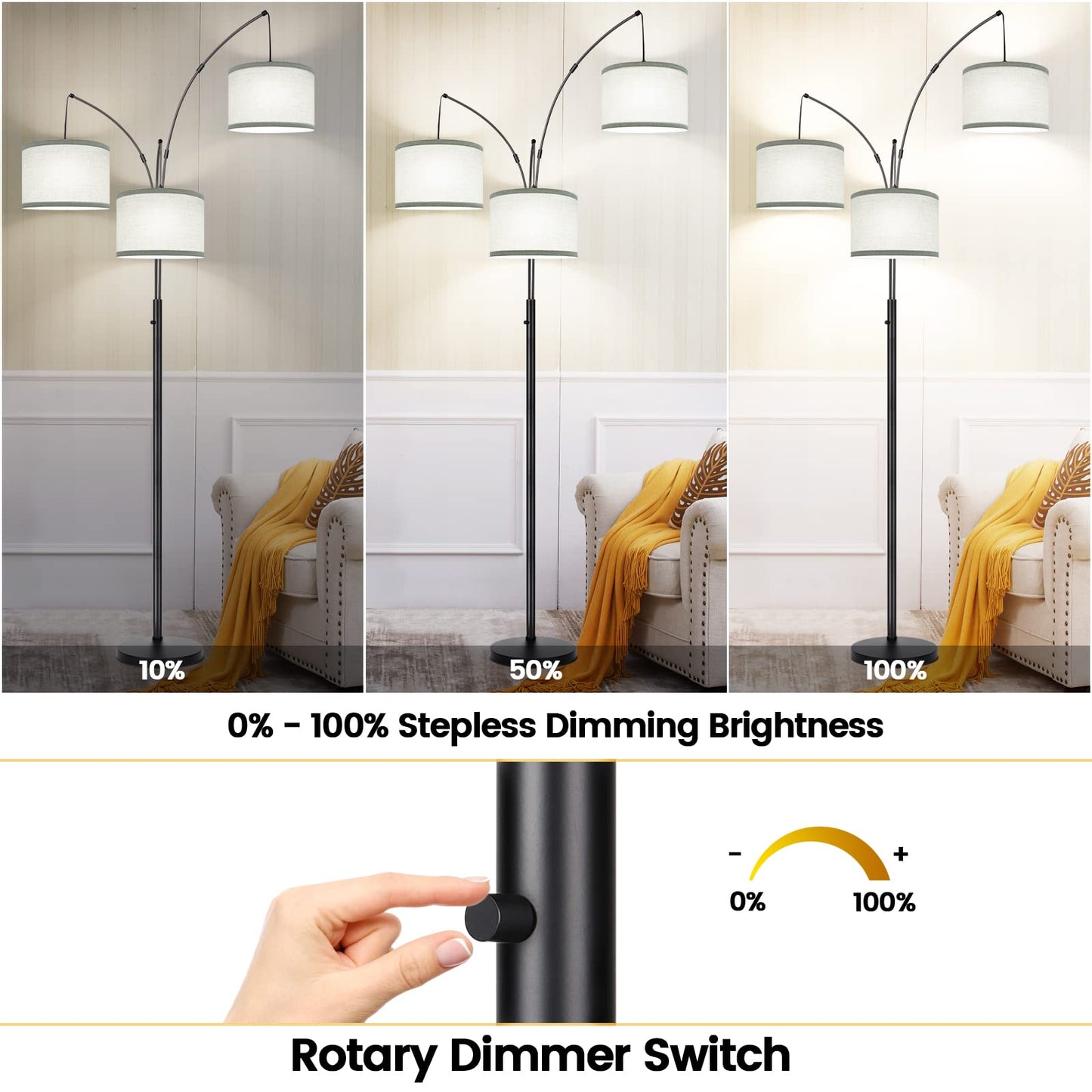 Dimmable 3-Light Arc Floor Lamp