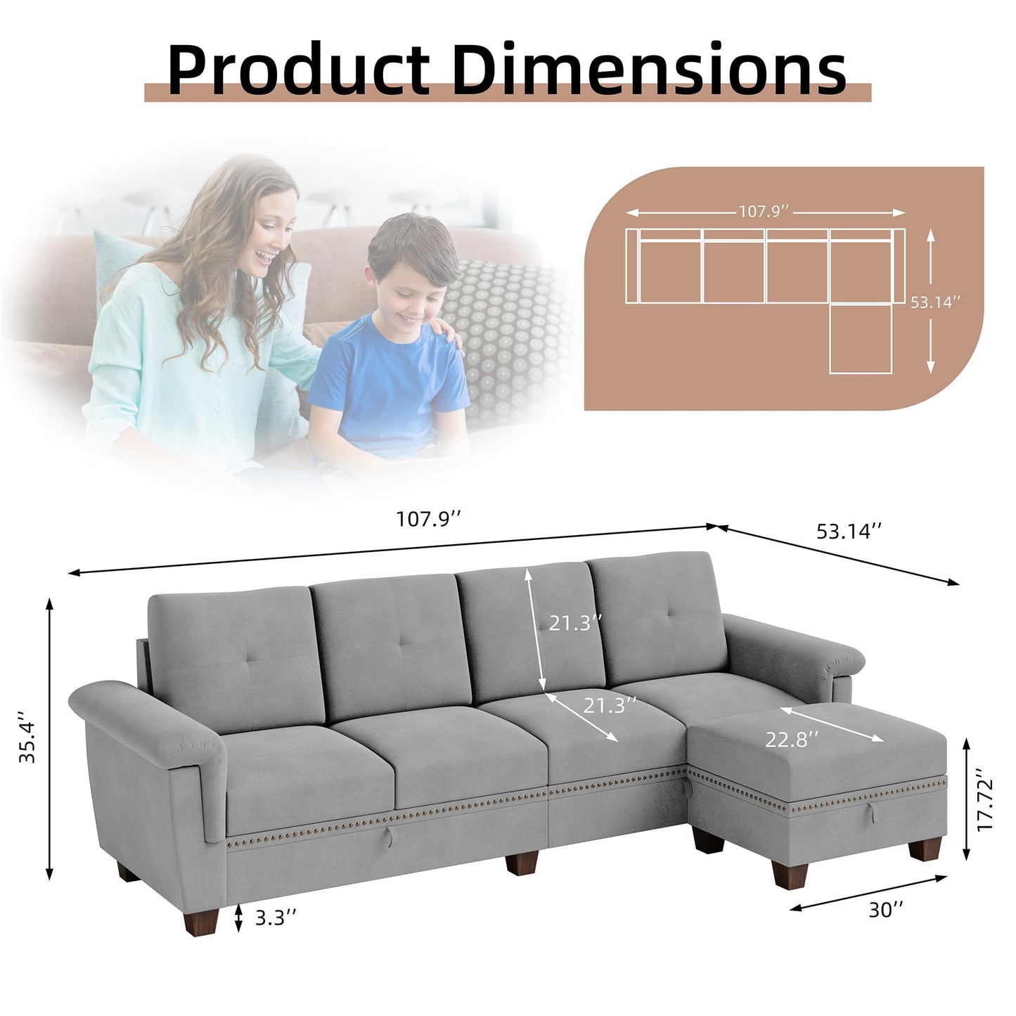 JAMFLY 4-Seat Sectional Sofa – Dark Gray