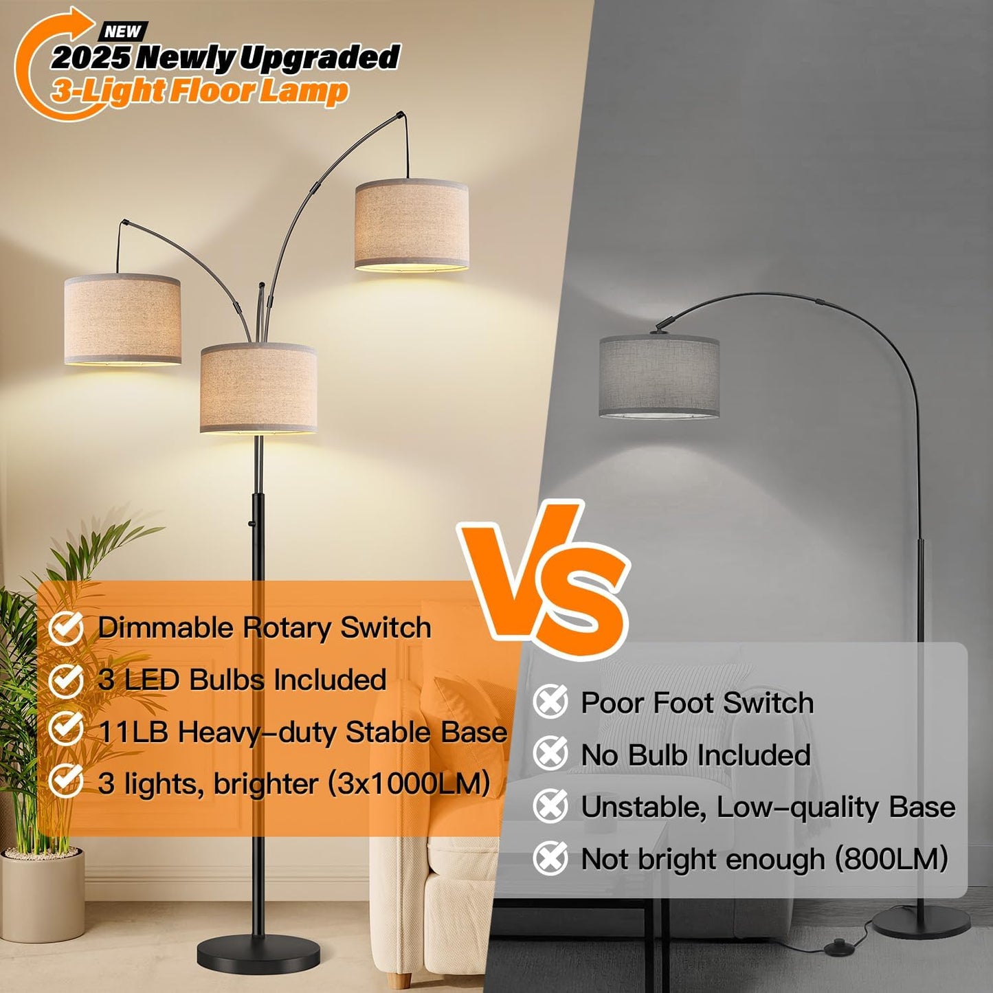 Dimmable 3-Light Arc Floor Lamp