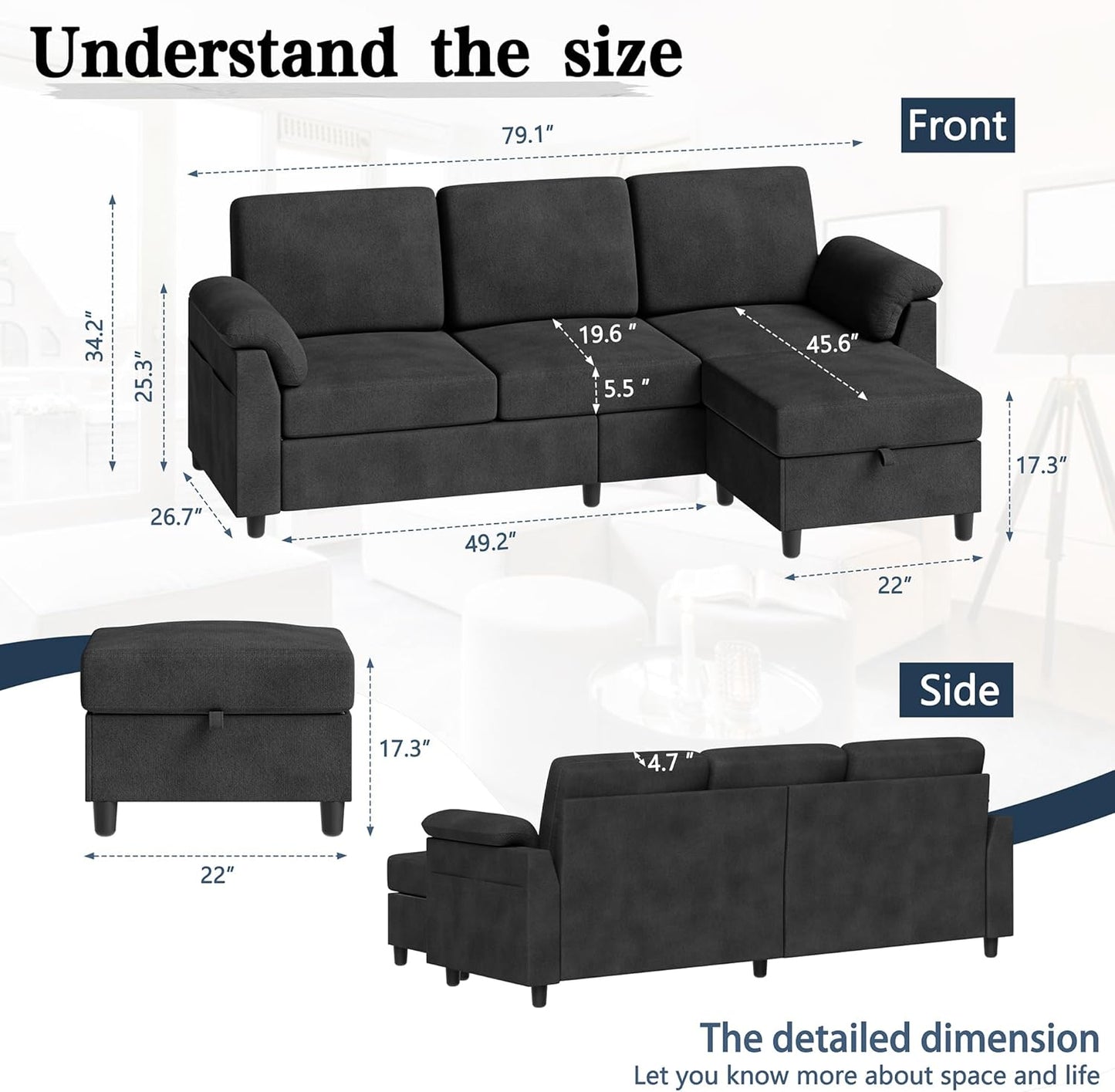 Meilocar Black L-Shaped Sectional Sofa