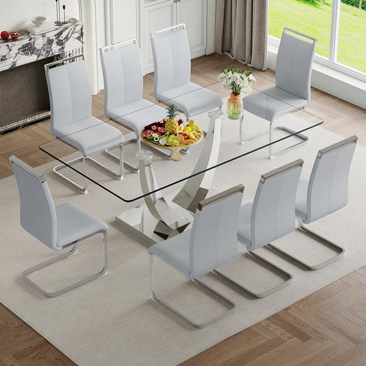 Glass Dining Table Set for 6, Dining Room Table Set 6, 71" Tempered Glass Tabletop and Stainless Steel U-Shaped Leg and Base for Dining Room