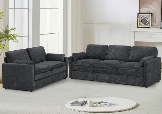 Classic Chenille Sofa Set with 2 Extra Armrest Pillows, Loveseat and 3-Seat Sofa with Upholstered Seat & Backrests, 2 Pieces Sectional Couch with Thickened Cushions for Living Room, Grey
