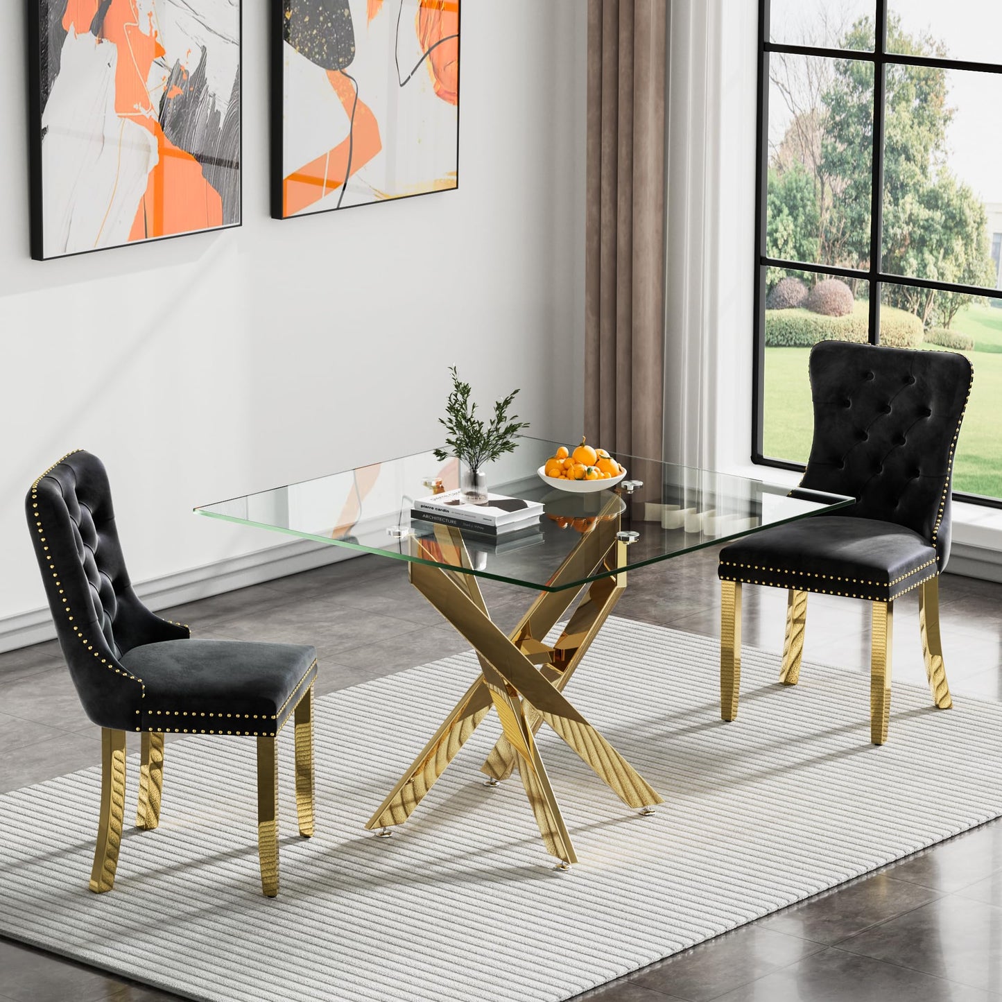 36" Modern Silver Glass Dining Room Table Set for 4, 5-Piece Square Kitchen Dining Table Set with Cross Metal Legs and 4 Black Velvet Upholstered Chairs, Glass Kitchen Table and Chairs Set