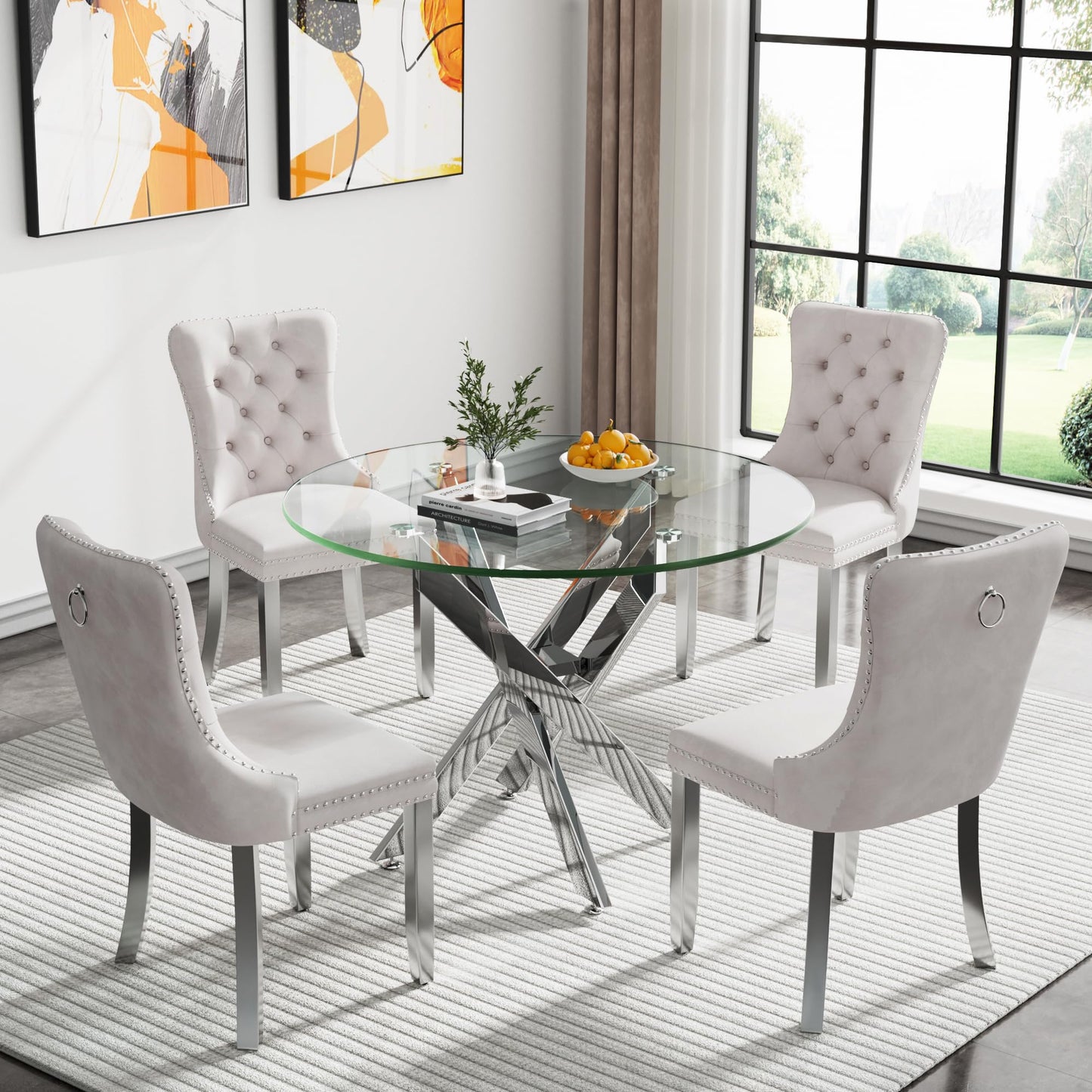 36" Modern Silver Glass Dining Room Table Set for 4, 5-Piece Square Kitchen Dining Table Set with Cross Metal Legs and 4 Black Velvet Upholstered Chairs, Glass Kitchen Table and Chairs Set