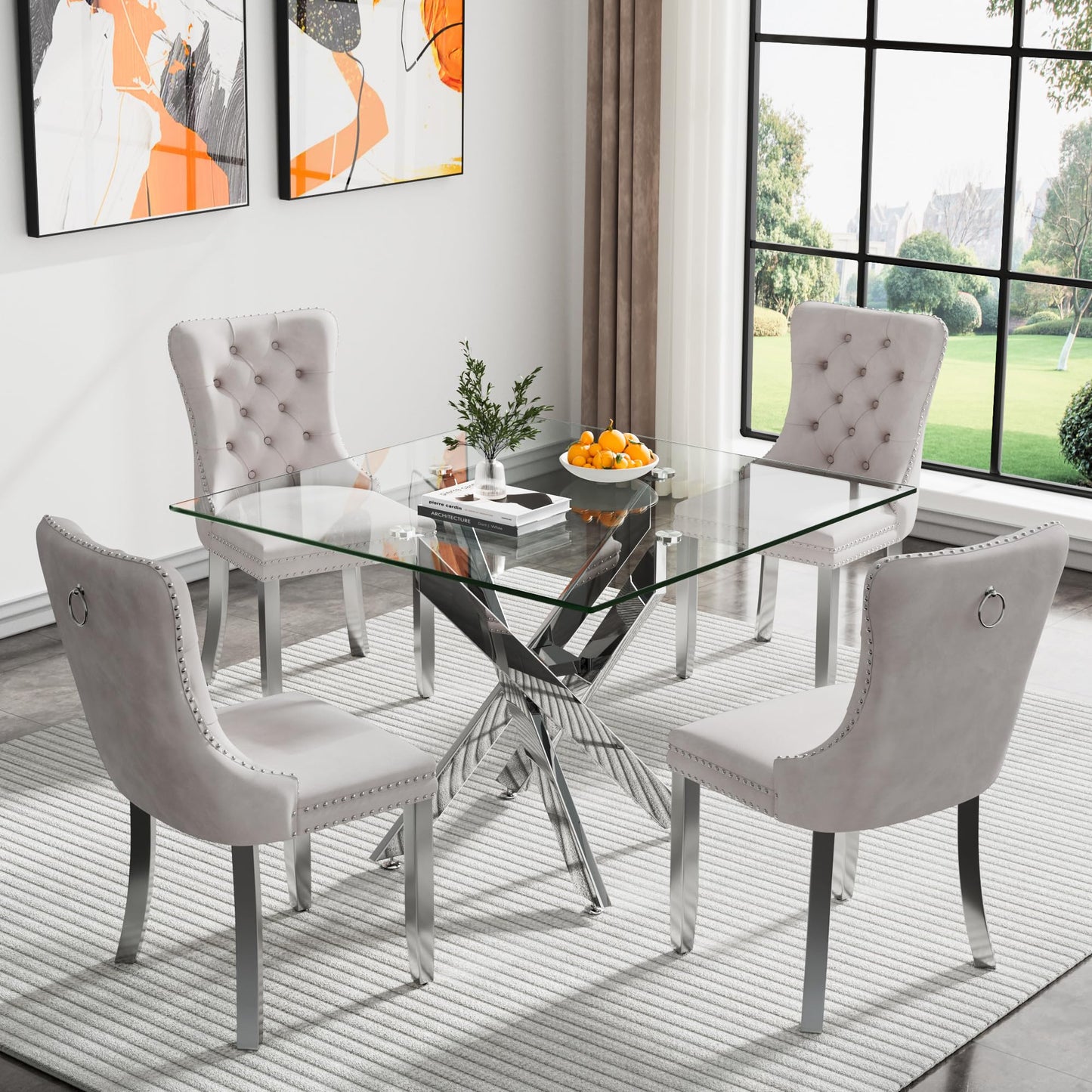 36" Modern Silver Glass Dining Room Table Set for 4, 5-Piece Square Kitchen Dining Table Set with Cross Metal Legs and 4 Black Velvet Upholstered Chairs, Glass Kitchen Table and Chairs Set