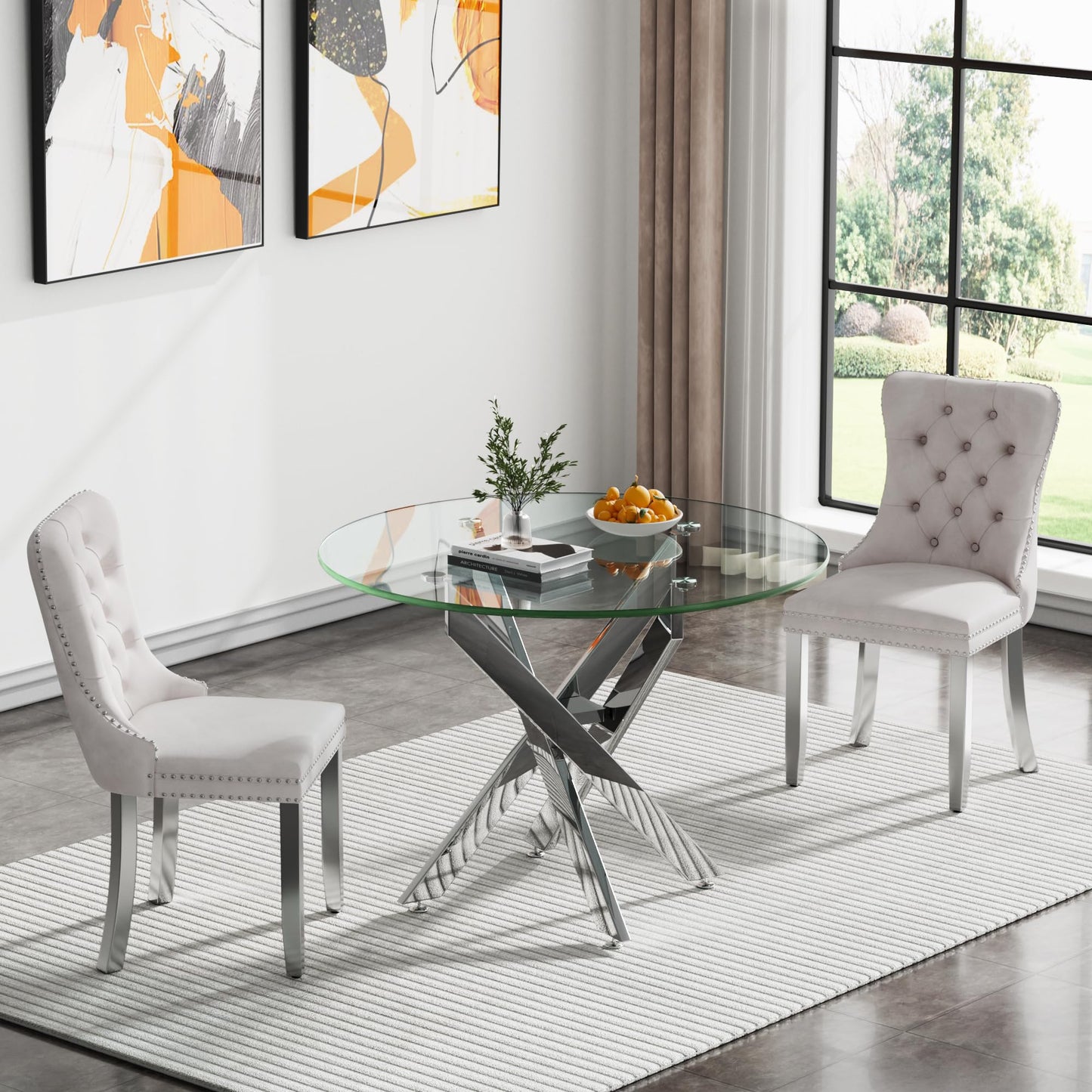 36" Modern Silver Glass Dining Room Table Set for 4, 5-Piece Square Kitchen Dining Table Set with Cross Metal Legs and 4 Black Velvet Upholstered Chairs, Glass Kitchen Table and Chairs Set
