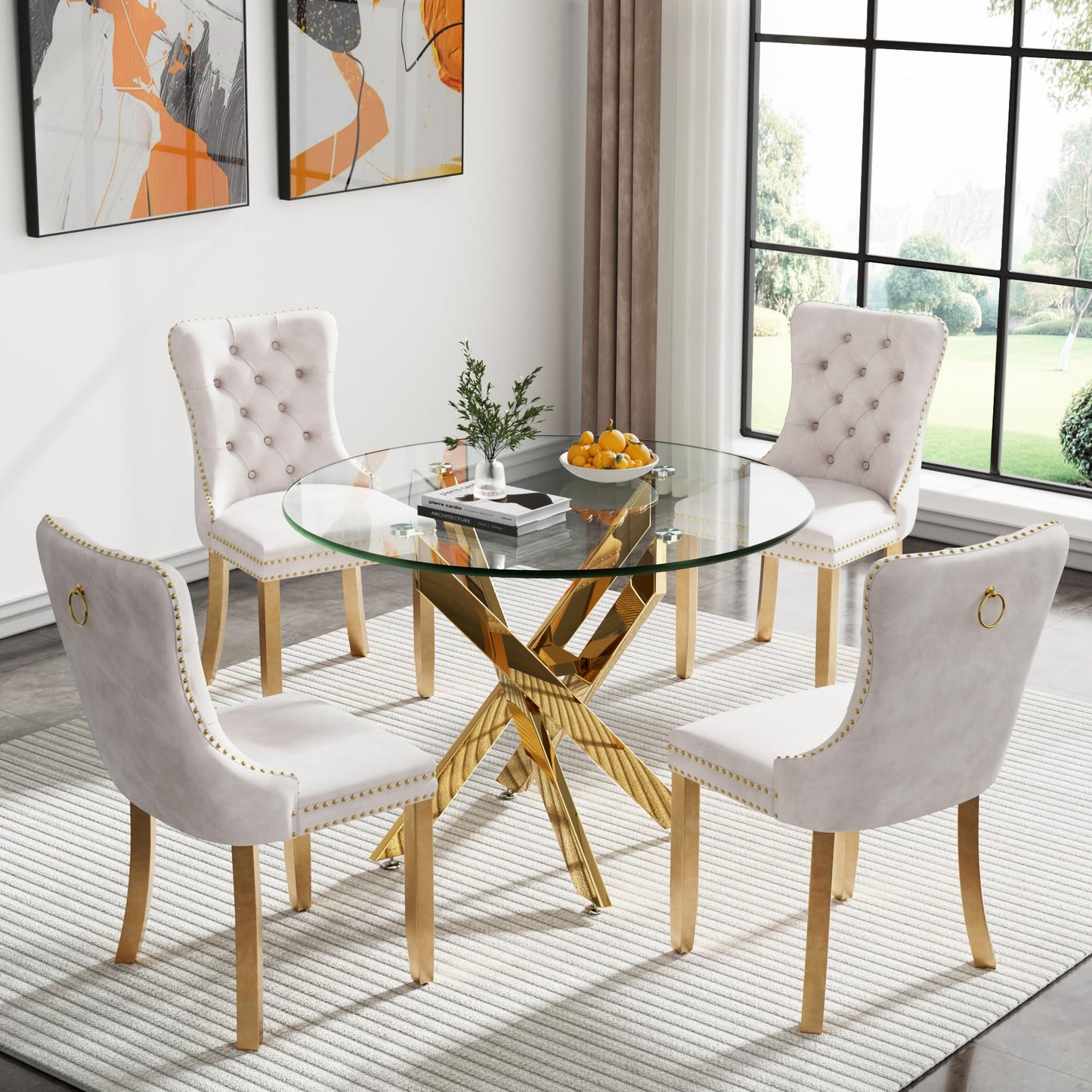 36" Modern Silver Glass Dining Room Table Set for 4, 5-Piece Square Kitchen Dining Table Set with Cross Metal Legs and 4 Black Velvet Upholstered Chairs, Glass Kitchen Table and Chairs Set