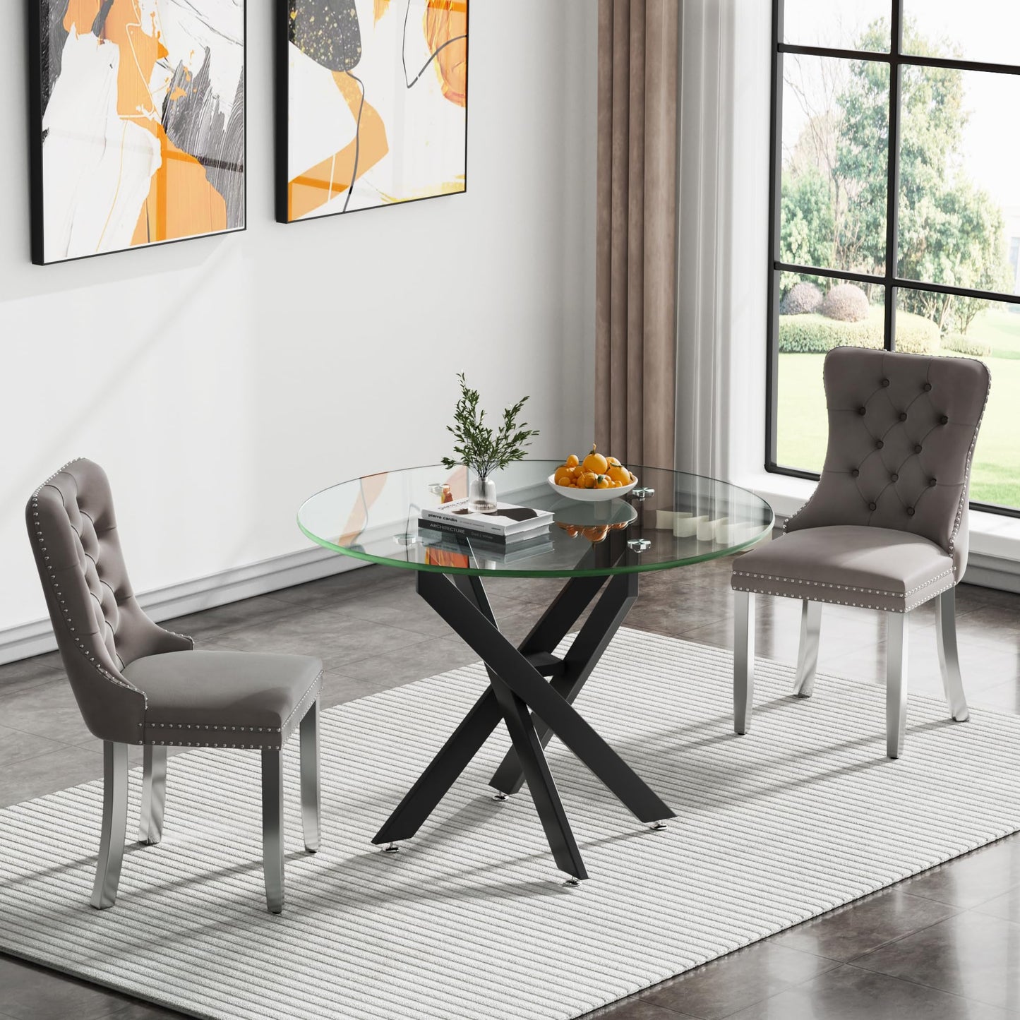 36" Modern Silver Glass Dining Room Table Set for 4, 5-Piece Square Kitchen Dining Table Set with Cross Metal Legs and 4 Black Velvet Upholstered Chairs, Glass Kitchen Table and Chairs Set