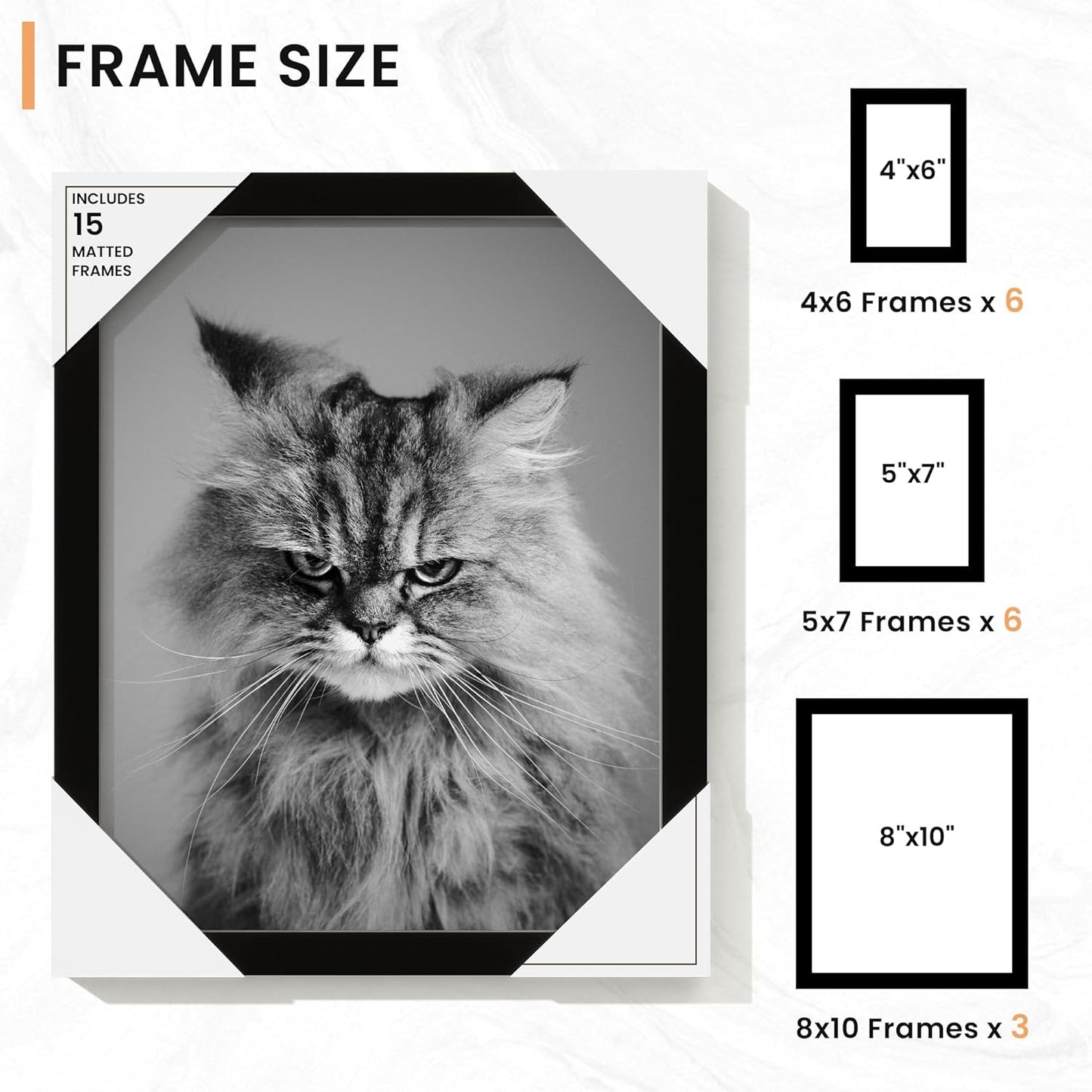 15 Pack Picture Frames Collage Wall Decor, Gallery Frame Set for Wall Mounting or Tabletop Display, Multi Sizes Including 3pcs 8x10, 6pcs 5x7, 6pcs 4x6, Black