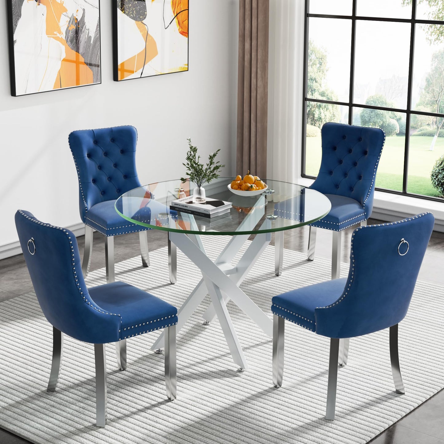 36" Modern Silver Glass Dining Room Table Set for 4, 5-Piece Square Kitchen Dining Table Set with Cross Metal Legs and 4 Black Velvet Upholstered Chairs, Glass Kitchen Table and Chairs Set