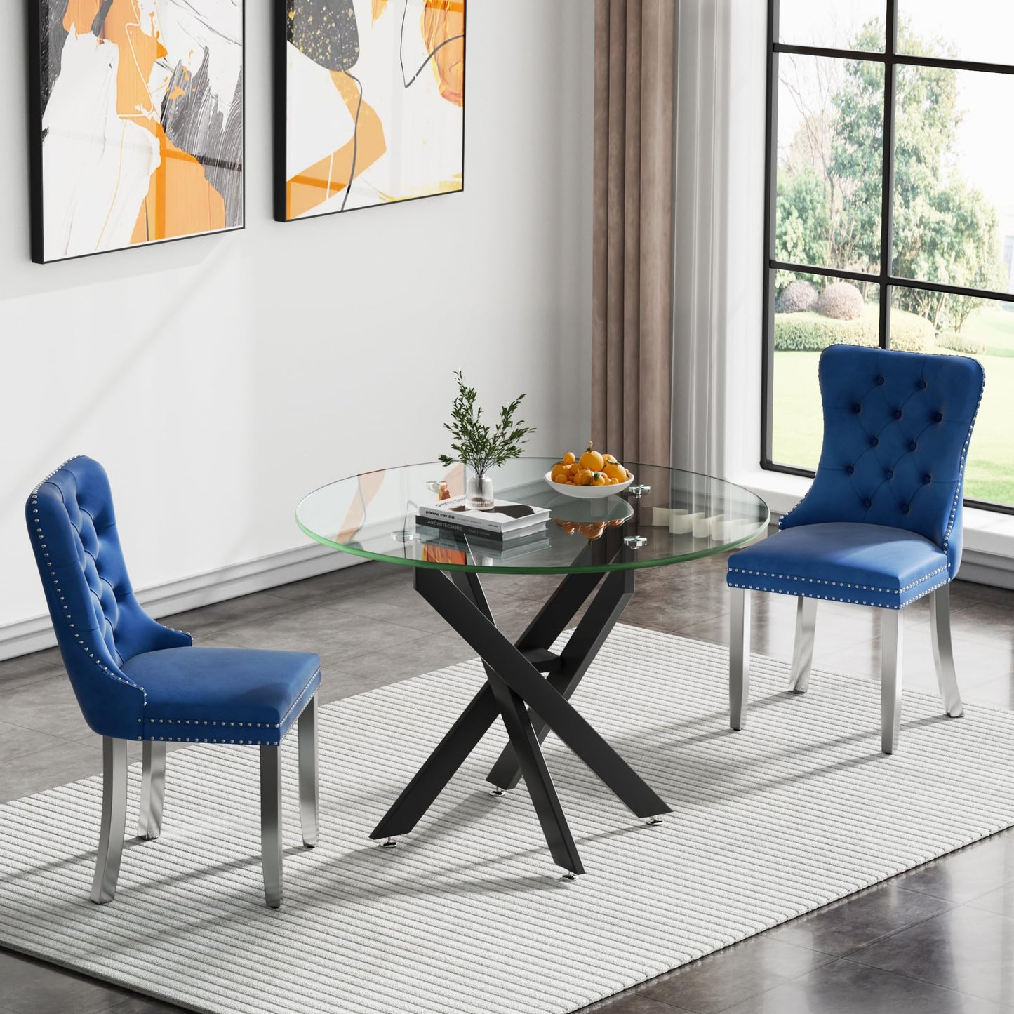 36" Modern Silver Glass Dining Room Table Set for 4, 5-Piece Square Kitchen Dining Table Set with Cross Metal Legs and 4 Black Velvet Upholstered Chairs, Glass Kitchen Table and Chairs Set