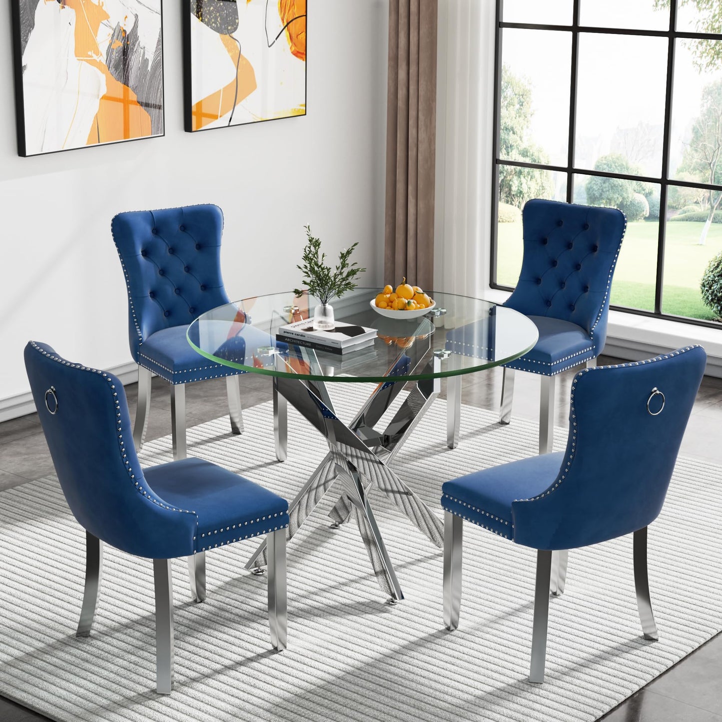 36" Modern Silver Glass Dining Room Table Set for 4, 5-Piece Square Kitchen Dining Table Set with Cross Metal Legs and 4 Black Velvet Upholstered Chairs, Glass Kitchen Table and Chairs Set